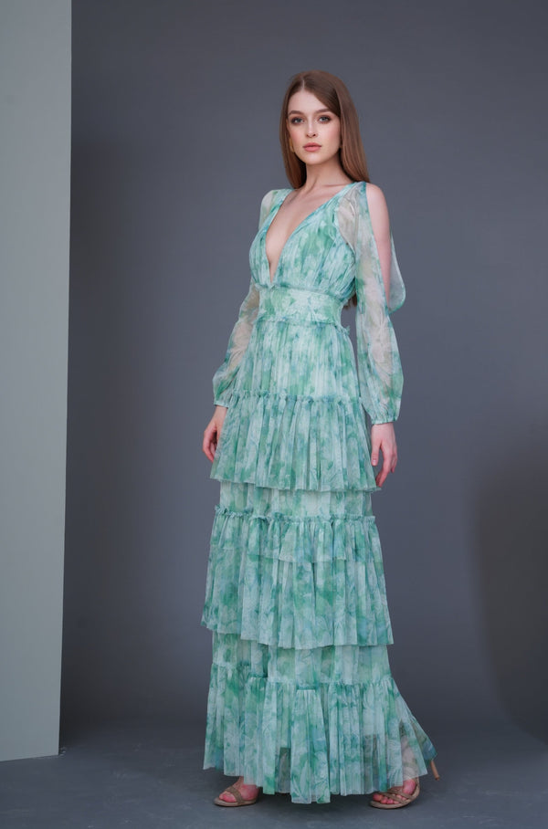 Selena Green Printed Long Sleeve Maxi Dress