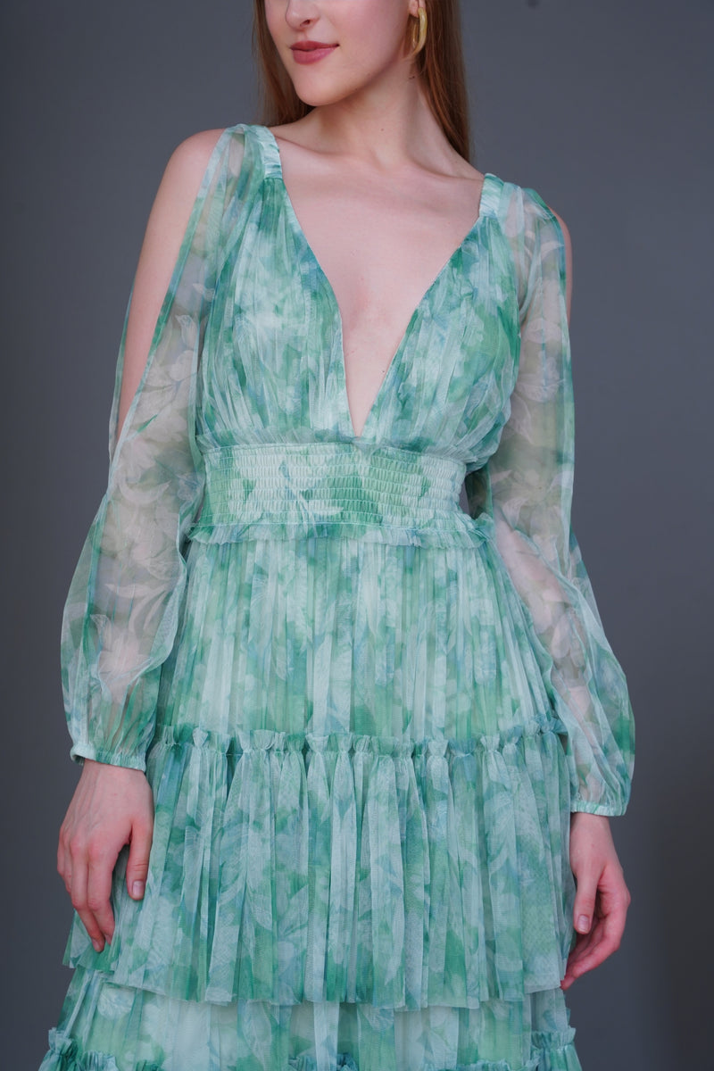 Selena Green Printed Long Sleeve Maxi Dress