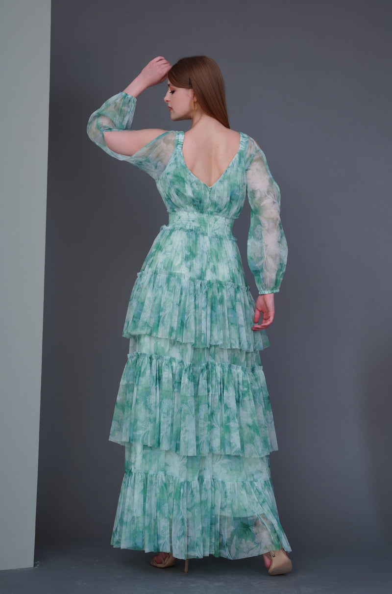 Selena Green Printed Long Sleeve Maxi Dress