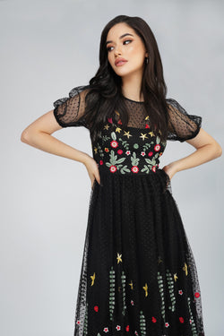 Favorite Fleur Black Floral Mesh Embroidered Skater Dress