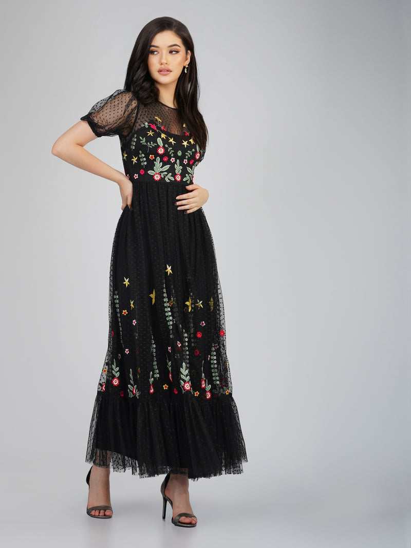 Dahlia Black Embroidered Dress
