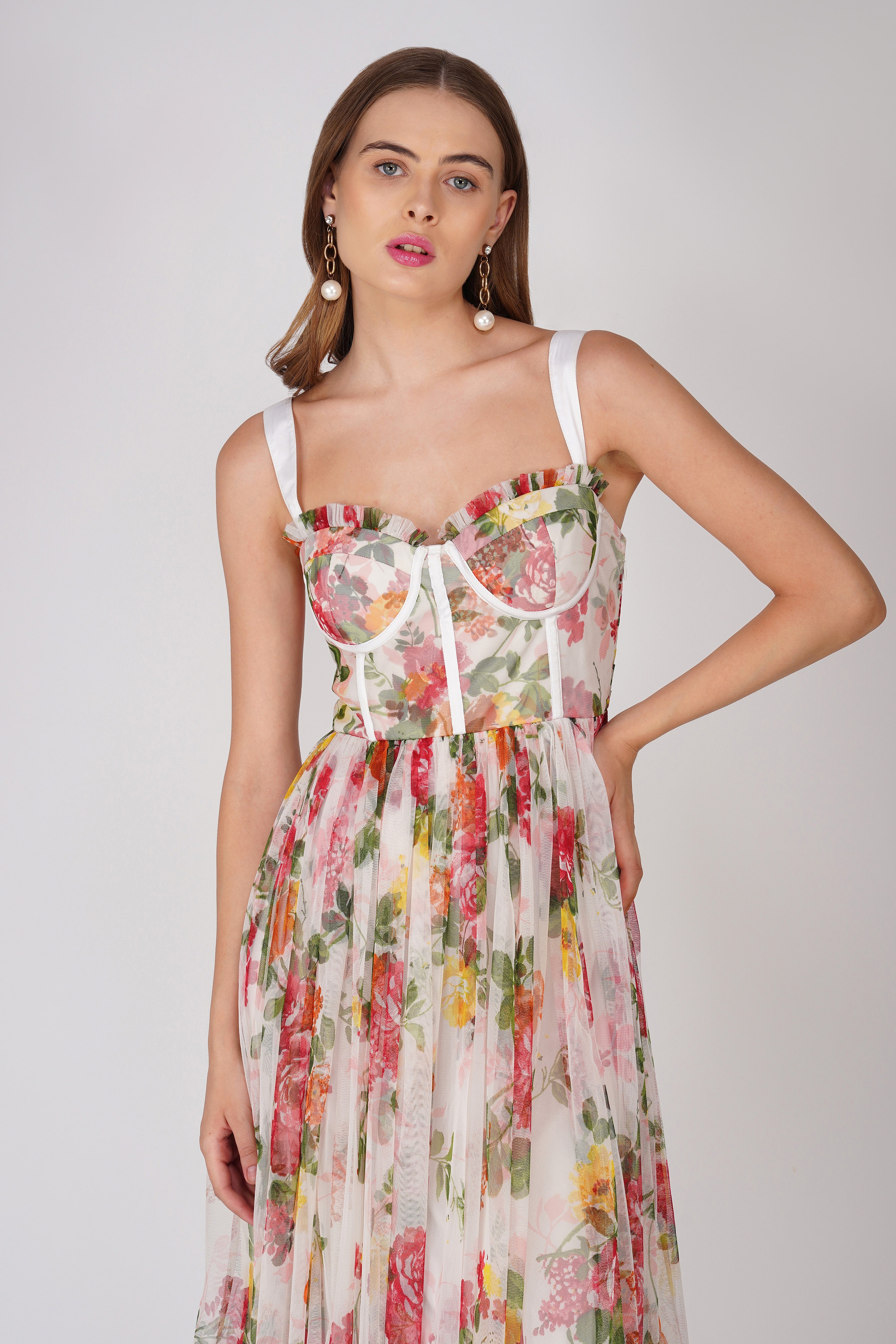Dane Floral Tulle Corset Tulle Midi Dress UK16 / Floral