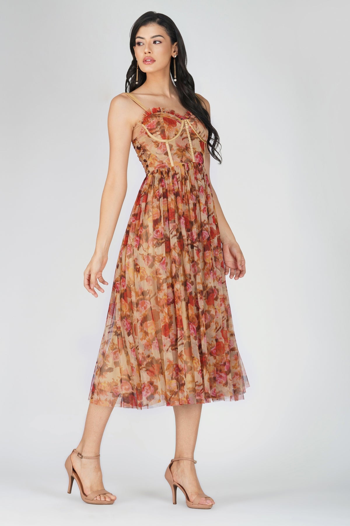 Dane Rose Floral Corset Tulle Midi Dress