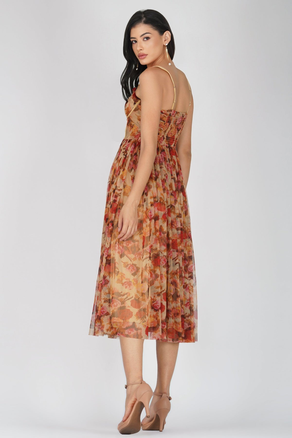 Dane Rose Floral Corset Tulle Midi Dress
