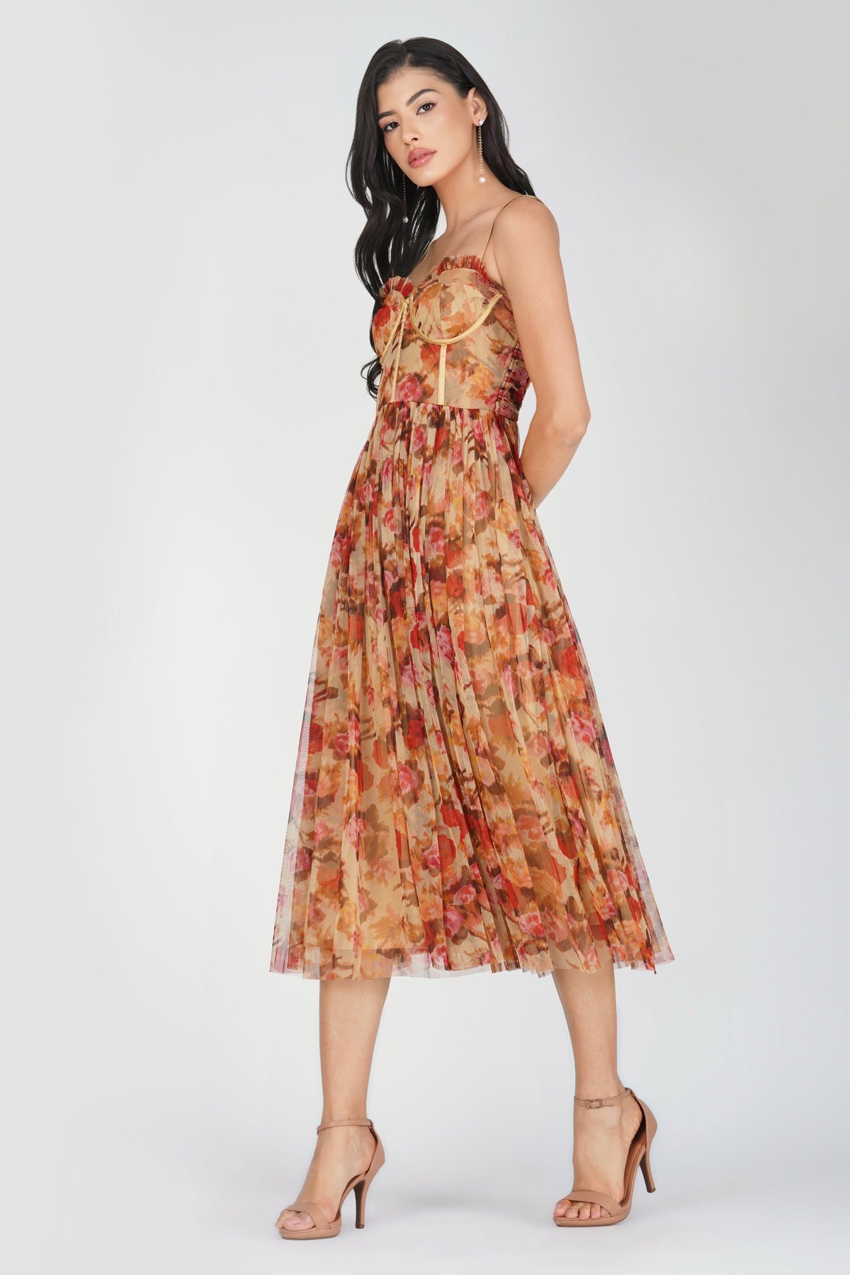 Dane Rose Floral Corset Tulle Midi Dress