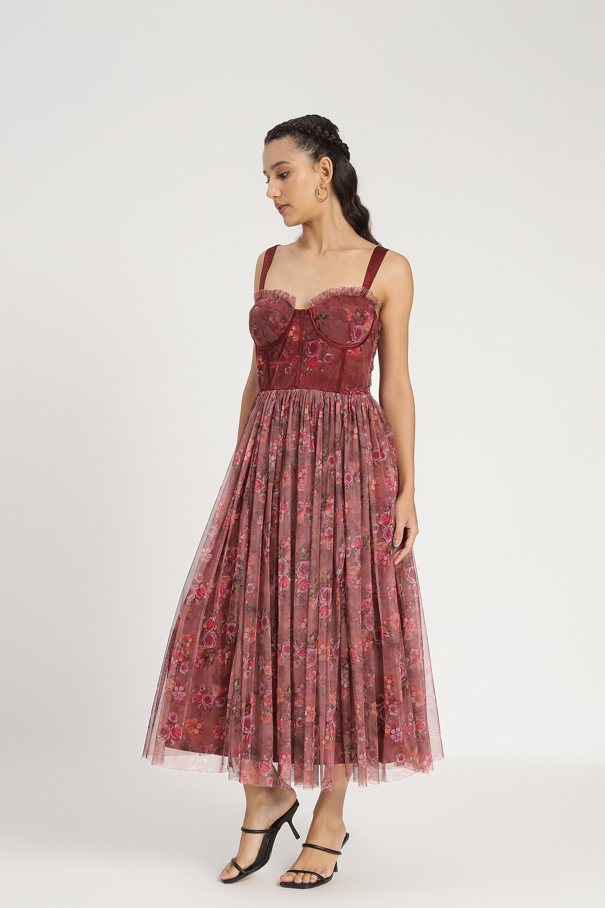 Dane Purple Floral Corset Midi Dress