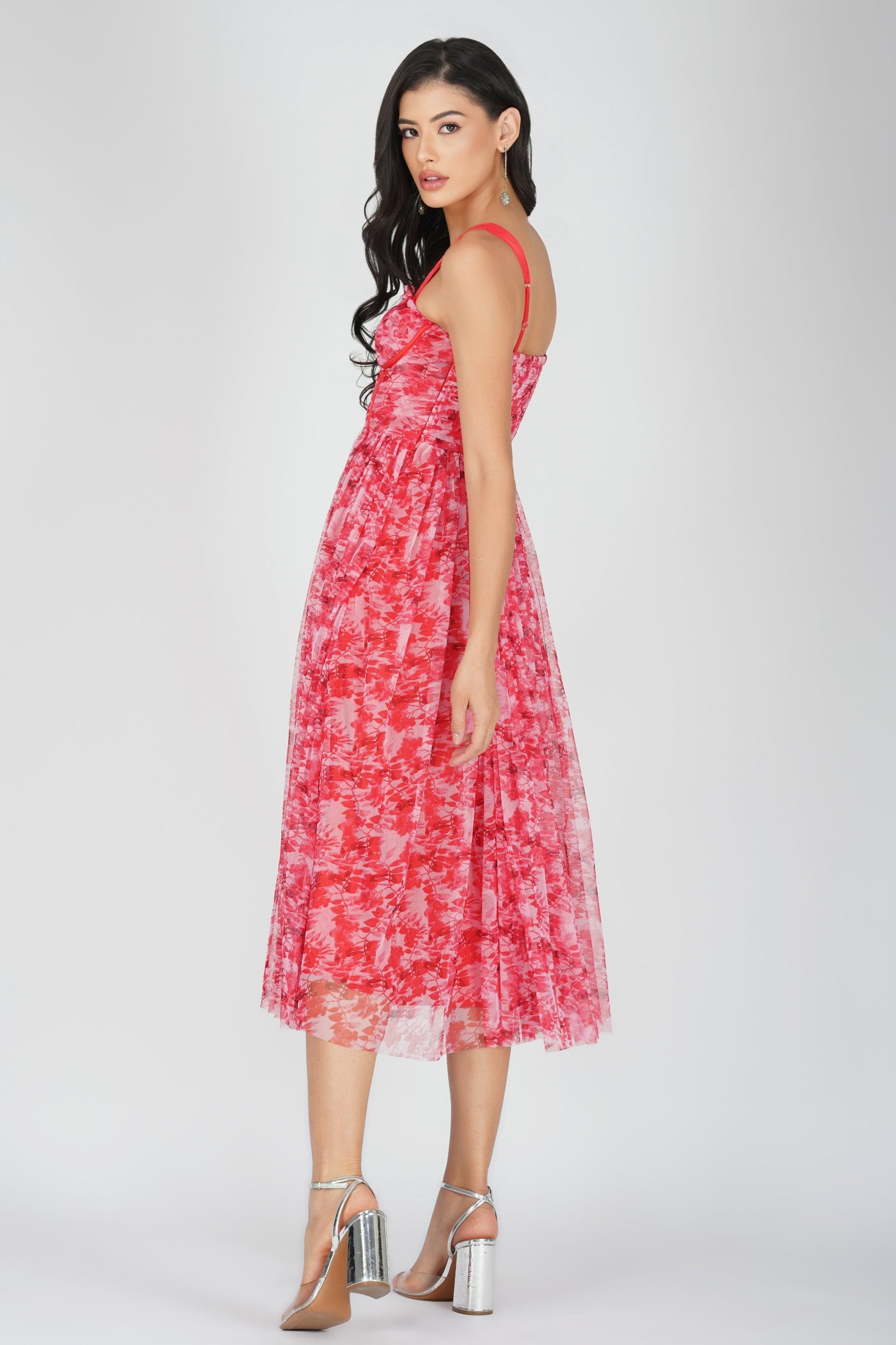 Dane Red Printed Corset Tulle Midi Dress