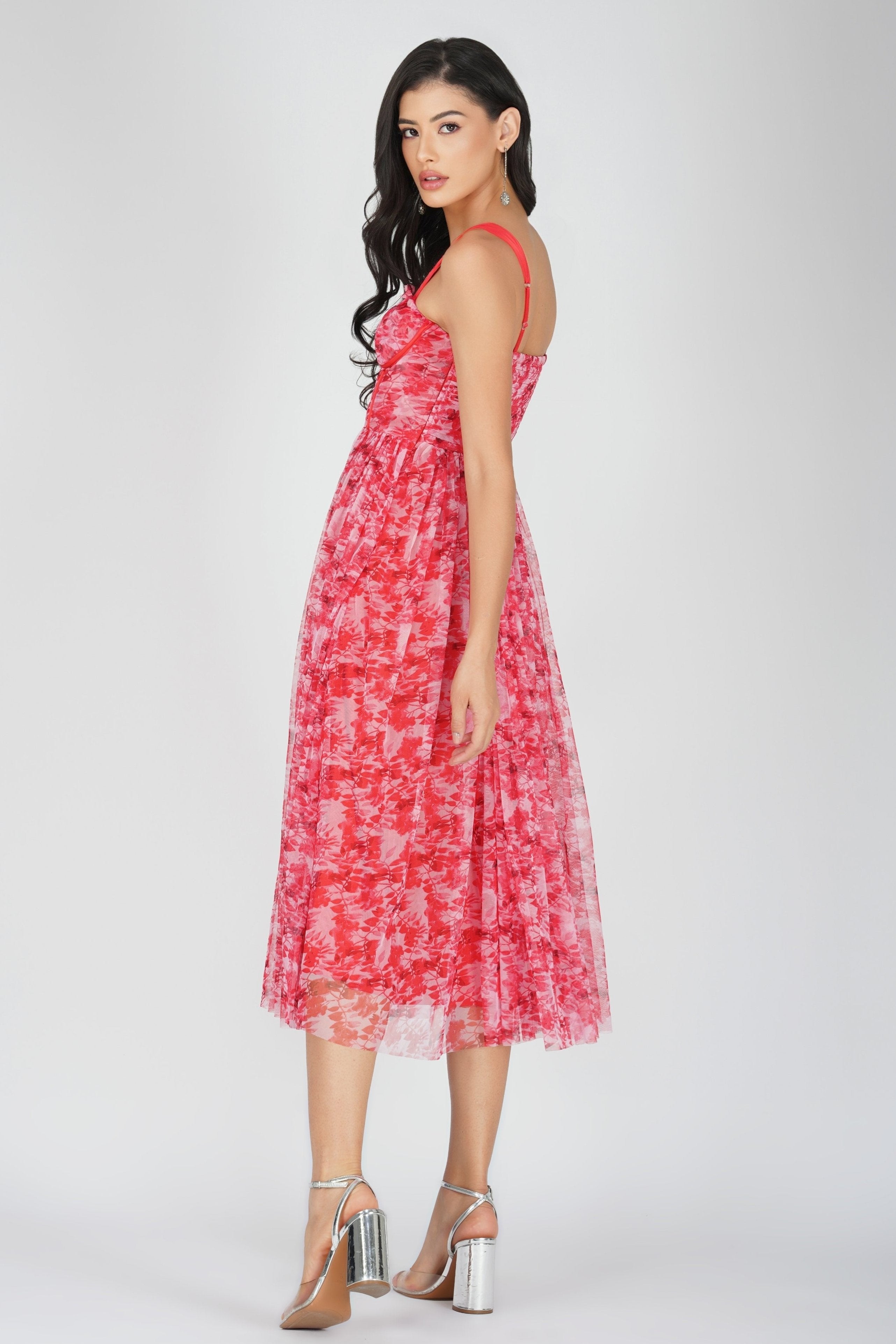 Dane Red Printed Corset Tulle Midi Dress