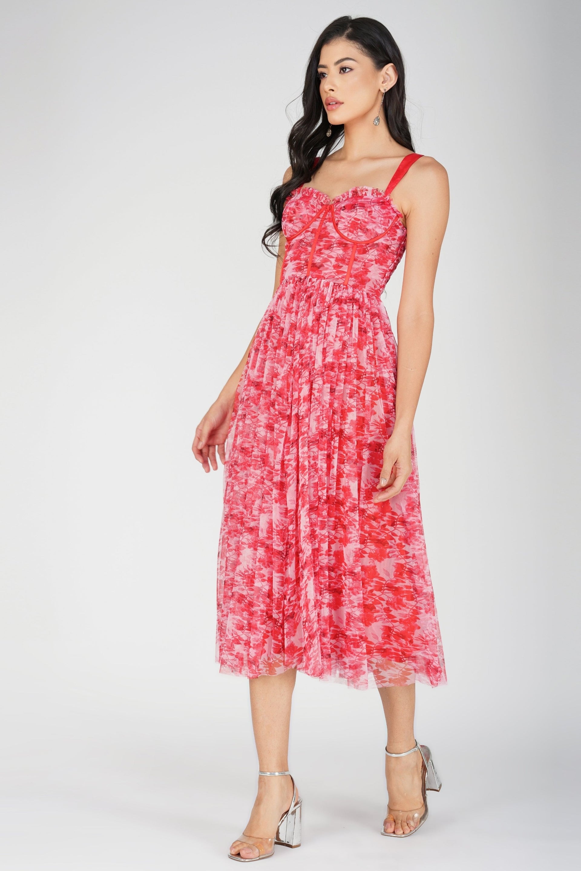 Dane Red Printed Corset Tulle Midi Dress