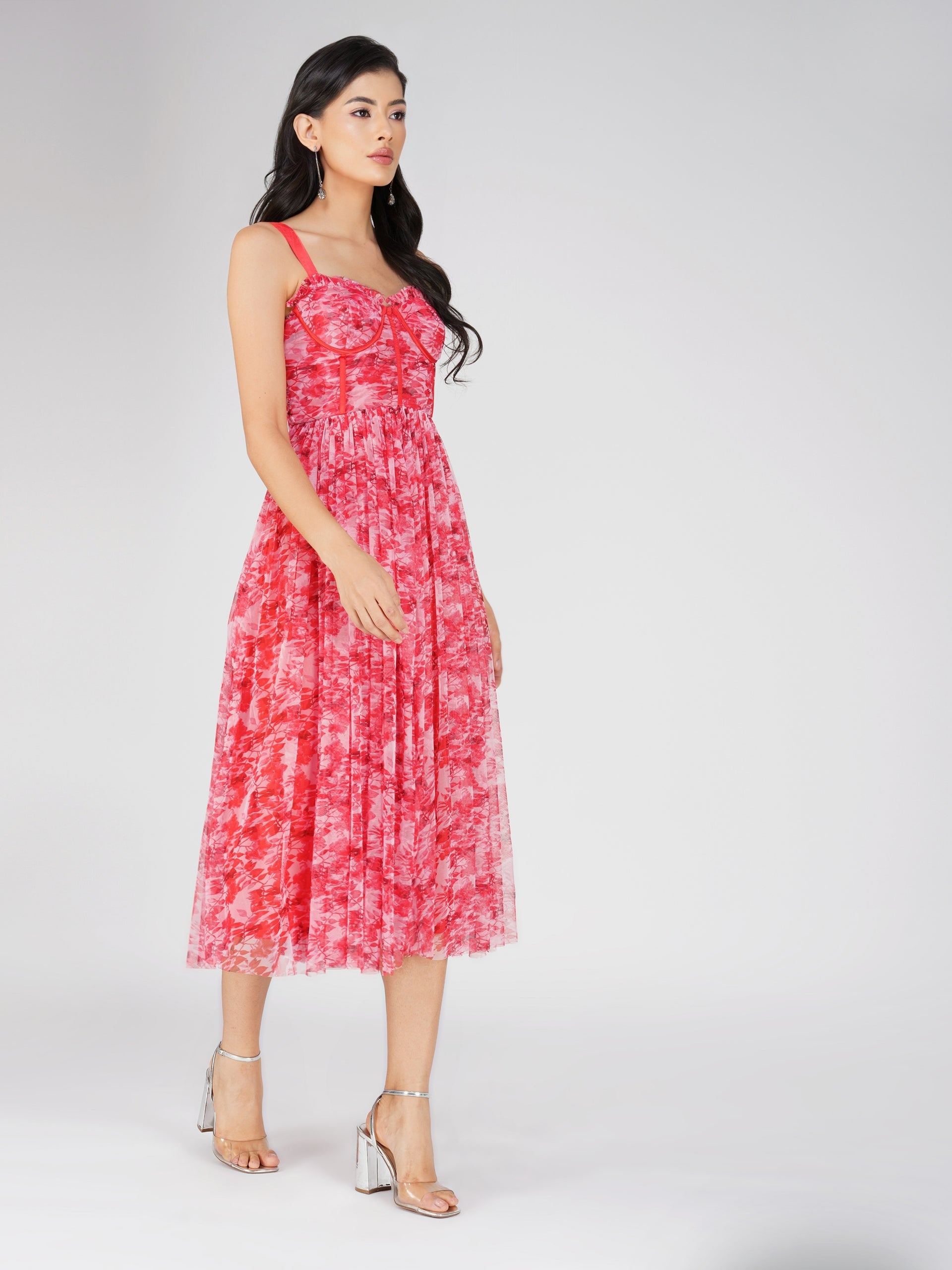 Dane Red Printed Corset Tulle Midi Dress