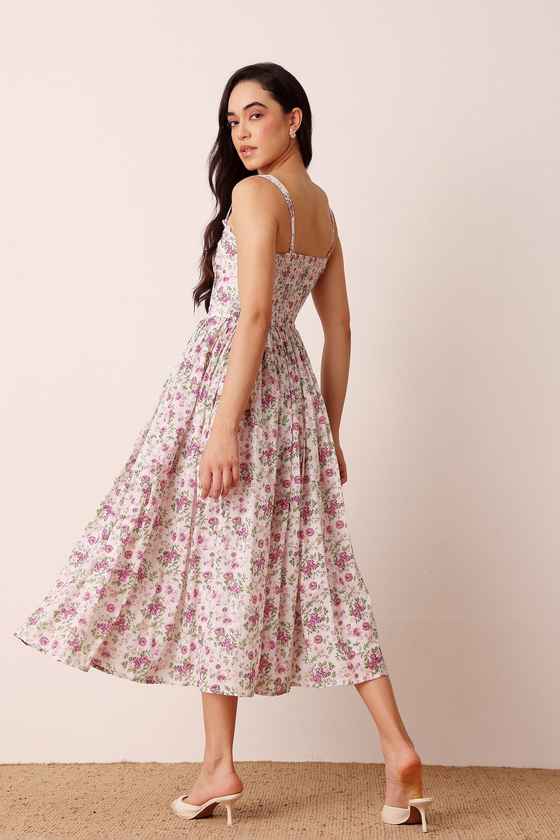 Dane Cotton Floral Corset Midi Dress – Lace & Beads