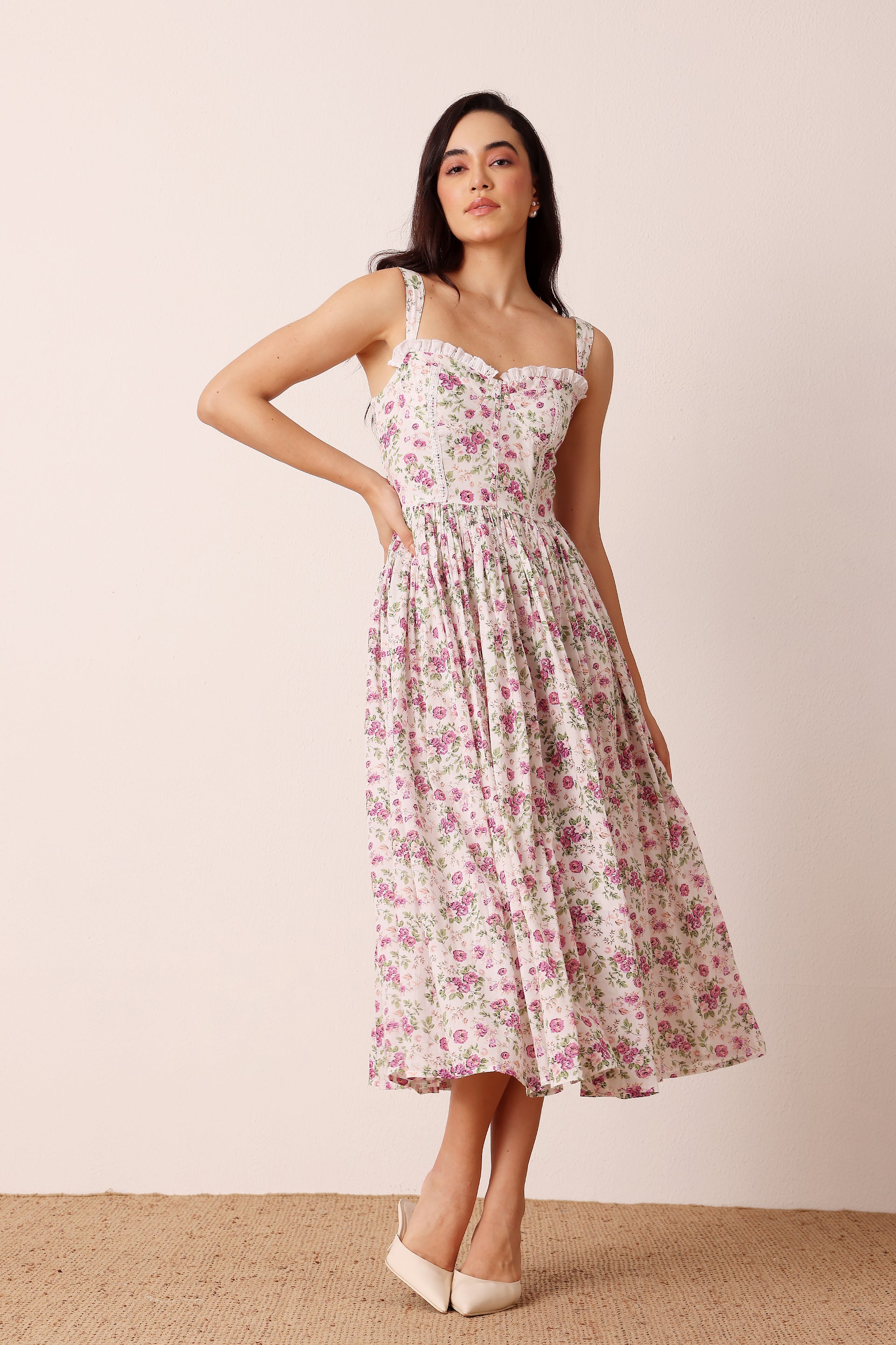Cotton White Pink Purple Floral Midi Strappy Dress Corset Style Bodice