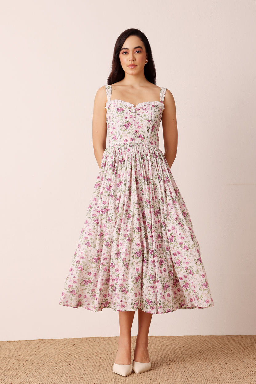 Dane Cotton Floral Corset Midi Dress – Lace & Beads