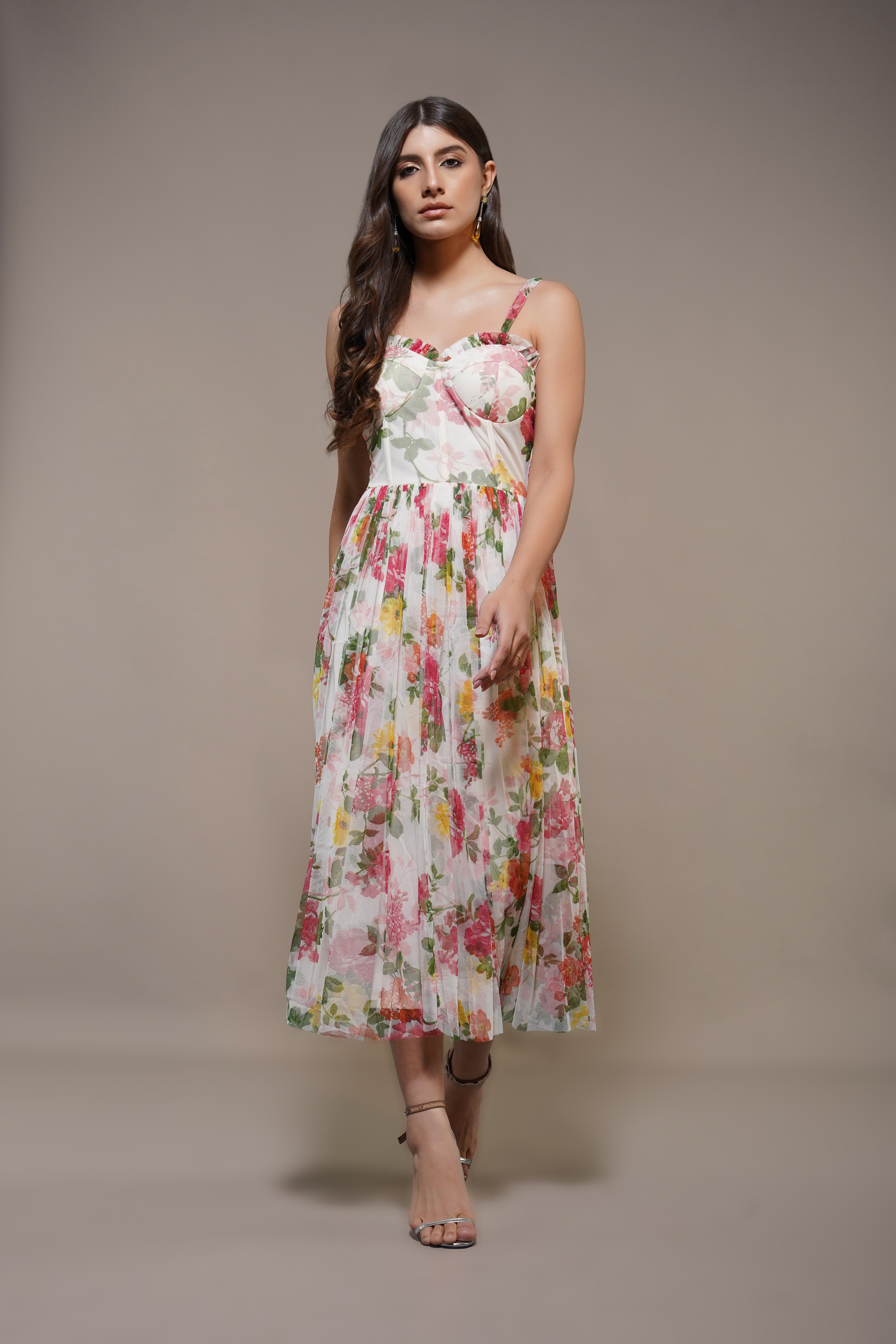 Dane Floral Tulle Corset Tulle Midi Dress  Lace & Beads