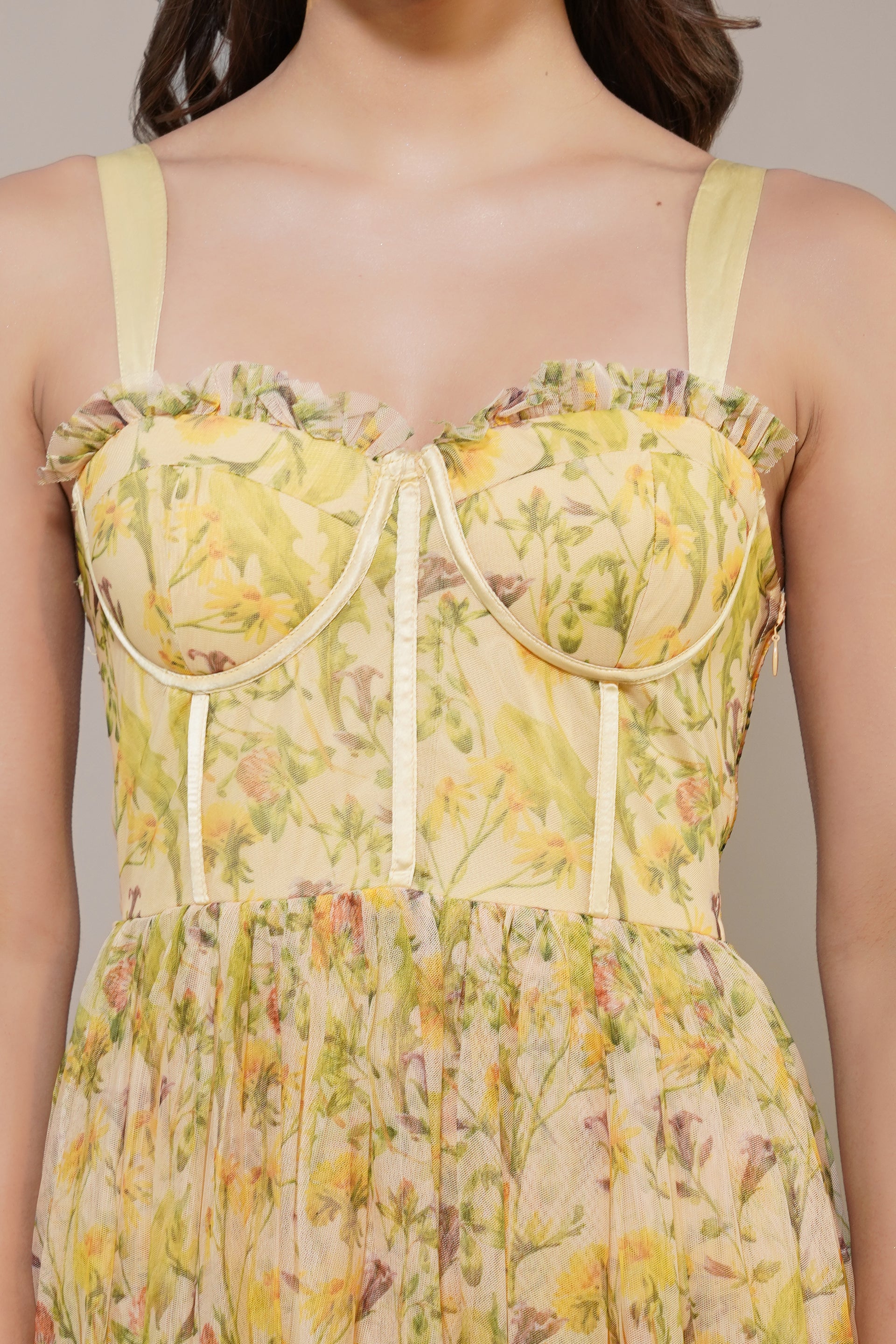 Dane Yellow Floral Corset Tulle Midi Dress