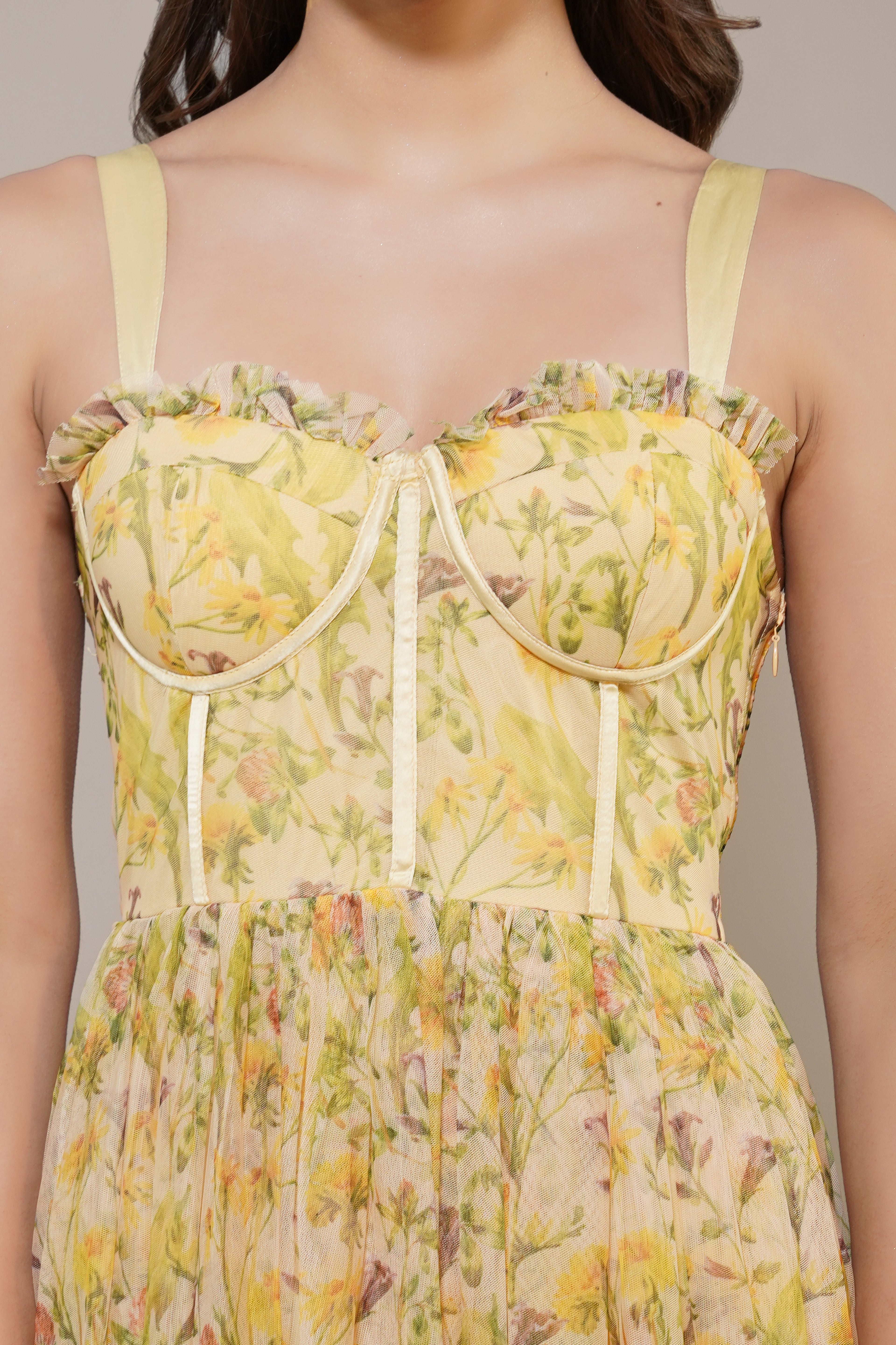 Dane Yellow Floral Corset Tulle Midi Dress
