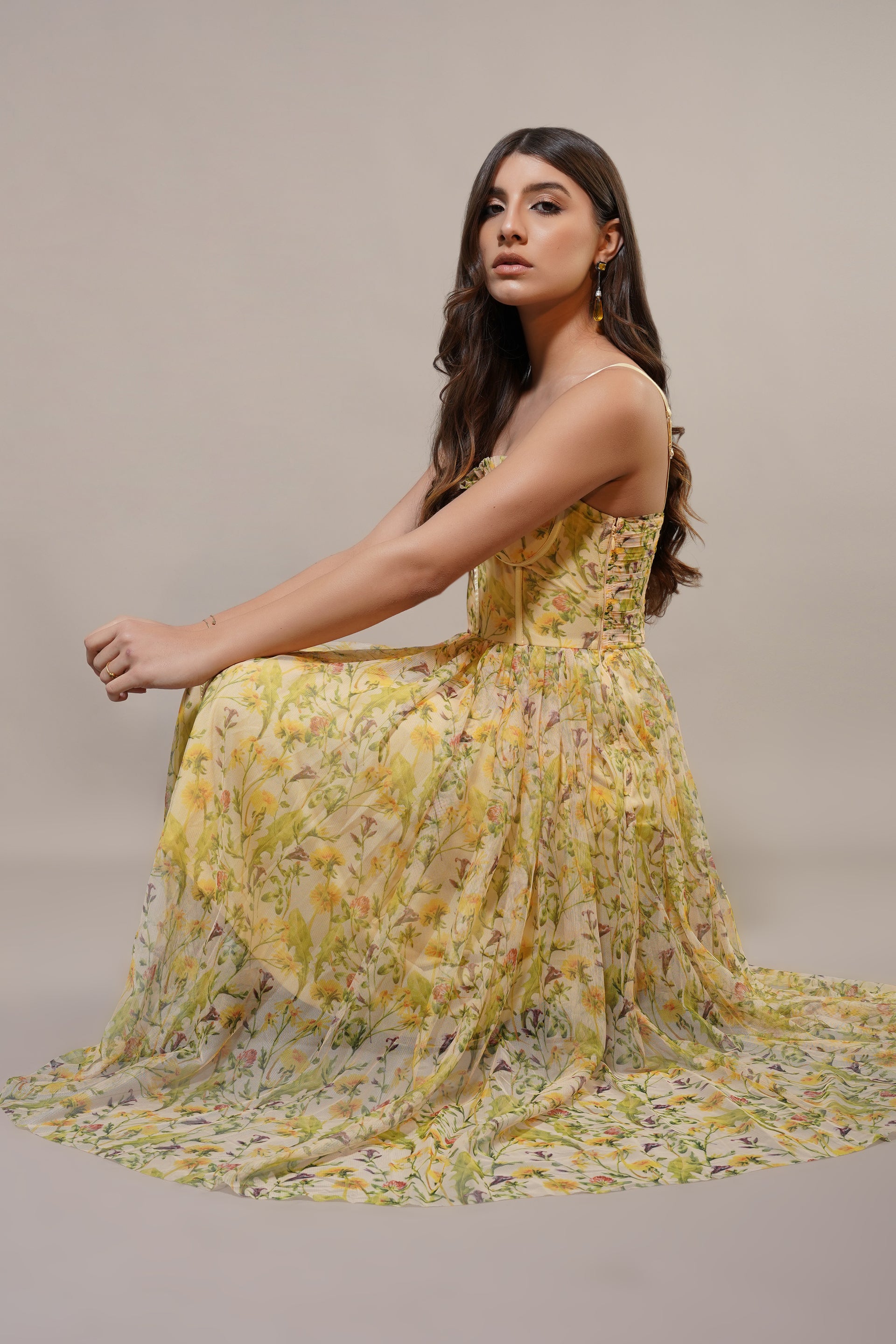 Corset Satin Strap Yellow Floral Wedding Guest Summer Sundress Midi Dress
