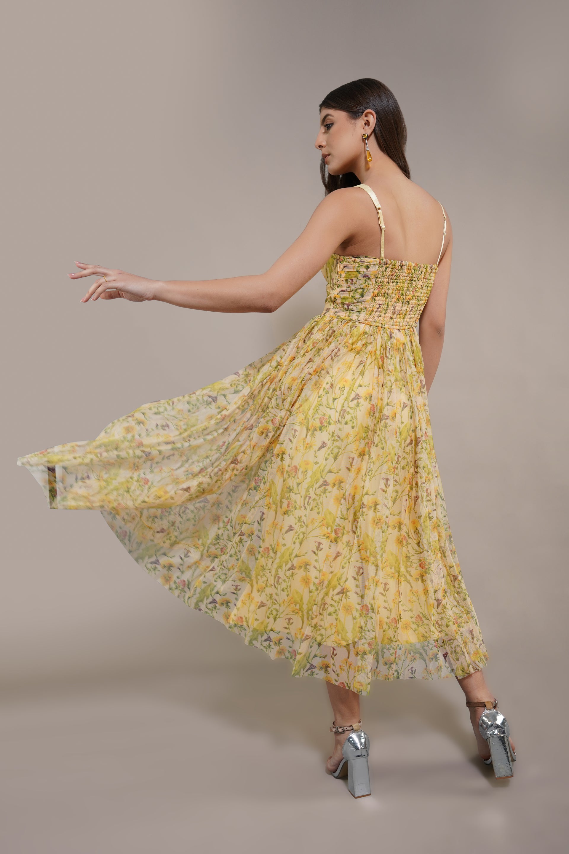 Dane Yellow Floral Corset Tulle Midi Dress