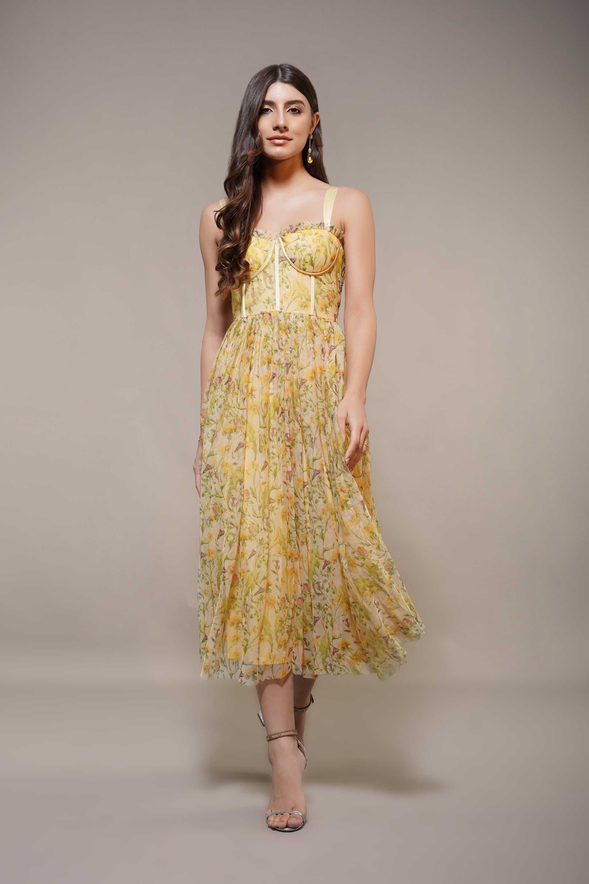 Dane Yellow Floral Corset Tulle Midi Dress