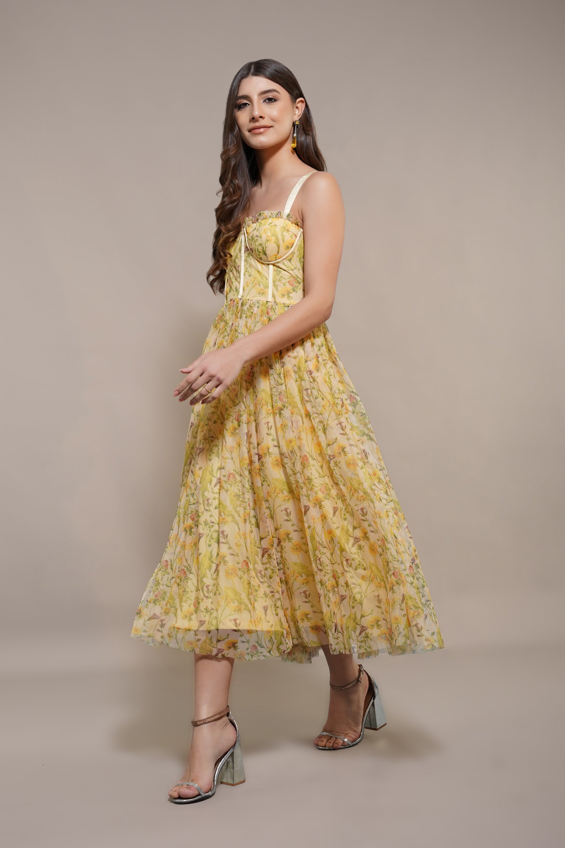 Dane Yellow Floral Corset Tulle Midi Dress