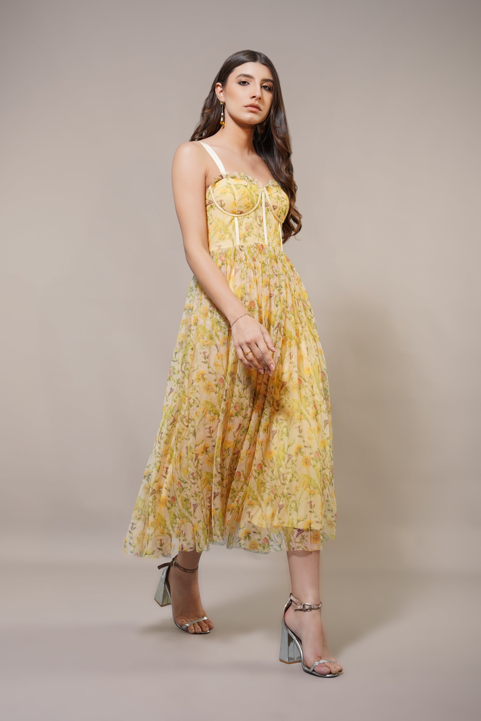 Dane Yellow Floral Corset Tulle Midi Dress
