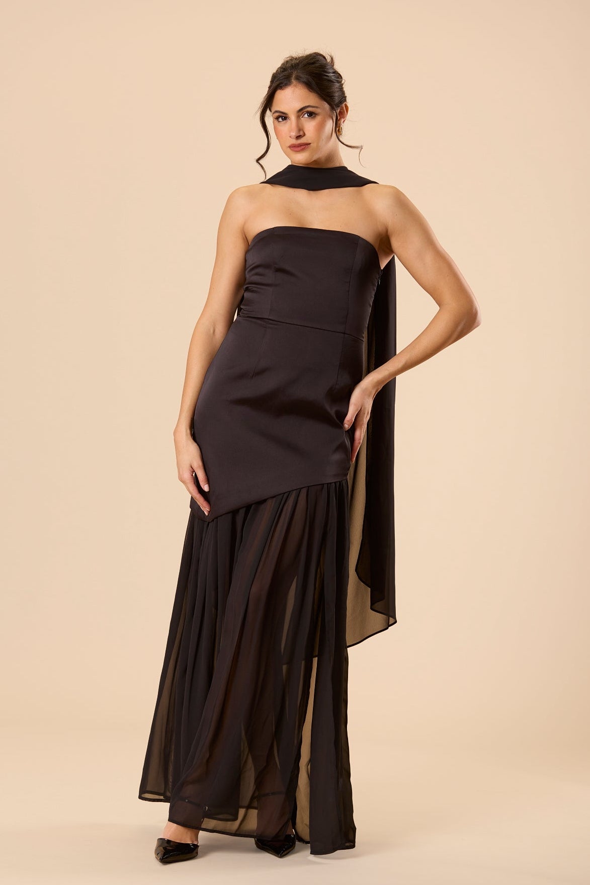 Deena Strapless Maxi Dress with Scarf in Black Lace & Beads Deena Strapless Maxi Dress with Scarf in Black Lace & Beads