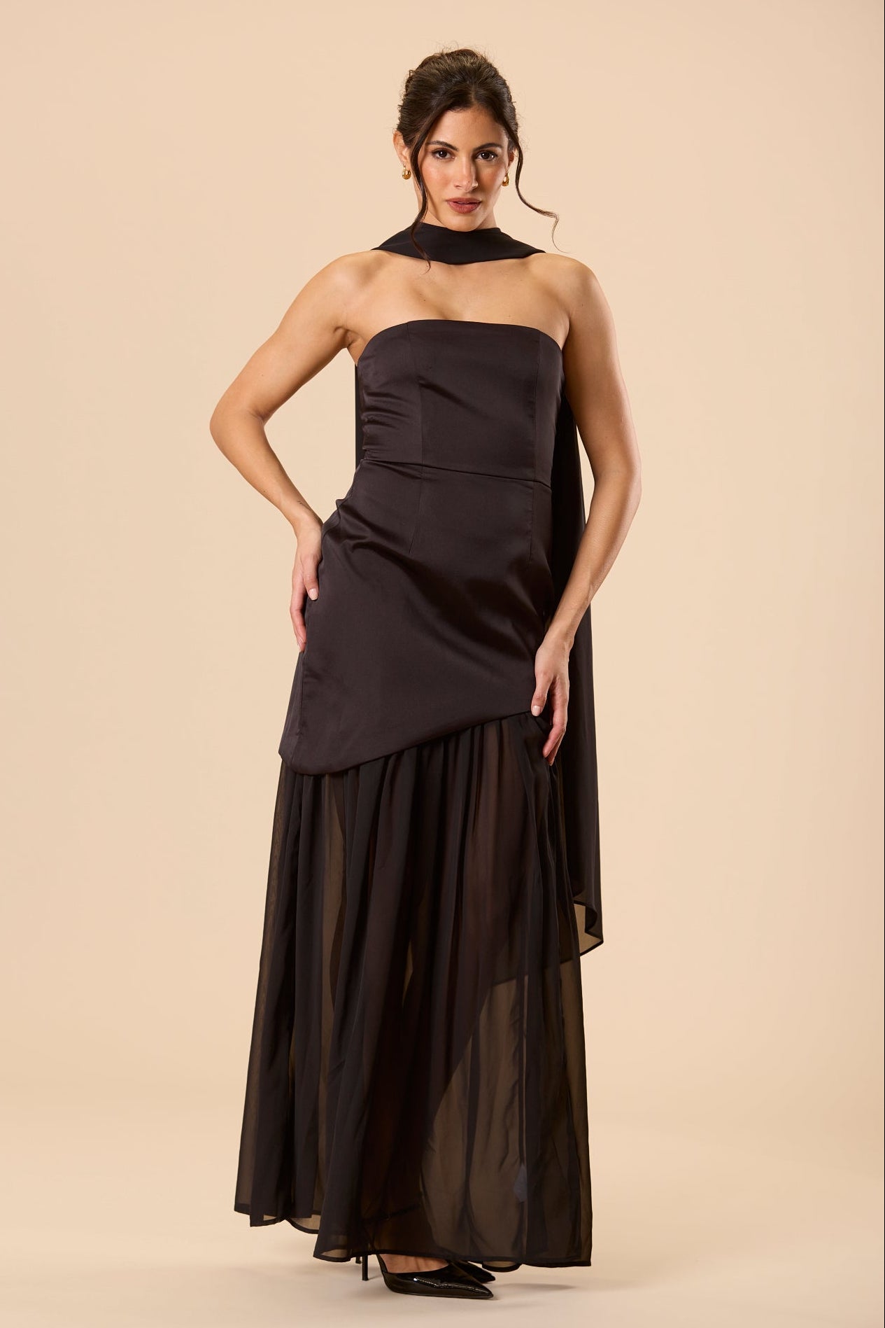 Deena Strapless Maxi Dress with Scarf in Black