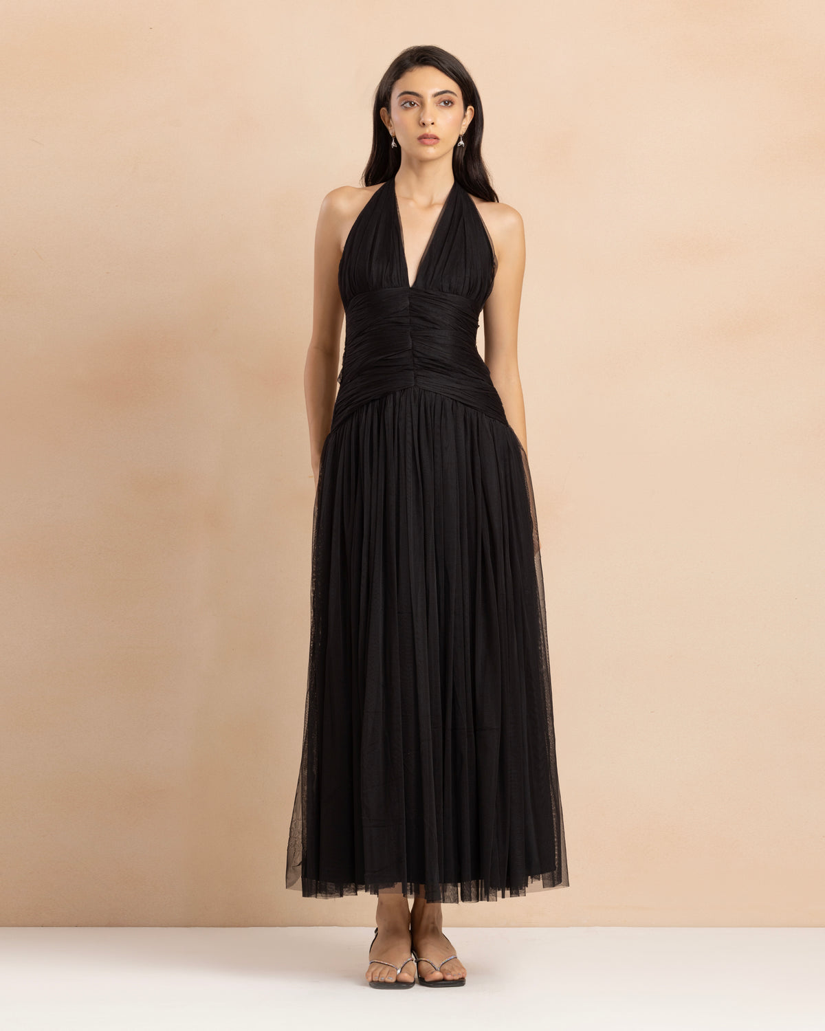 Delilah Tulle Halter Maxi Dress in Black
