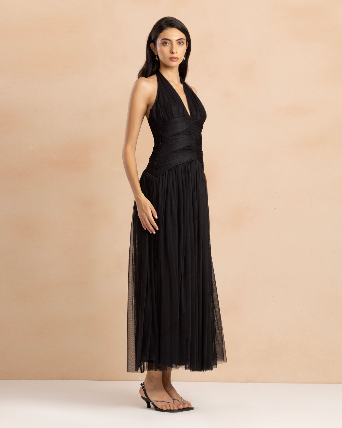 Delilah Tulle Halter Maxi Dress in Black
