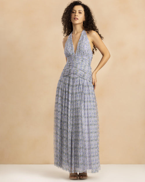 Delilah Tulle Halter Maxi Dress in Ditsy Lilac Print