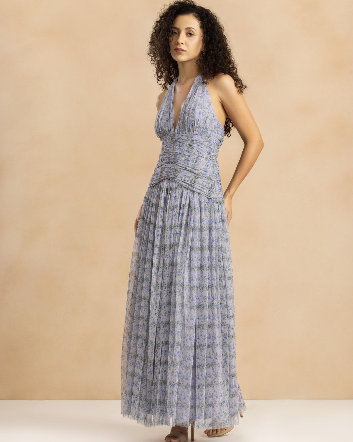 Delilah Tulle Halter Maxi Dress in Ditsy Lilac Print