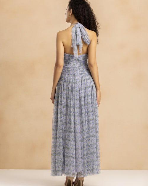 Delilah Tulle Halter Maxi Dress in Ditsy Lilac Print