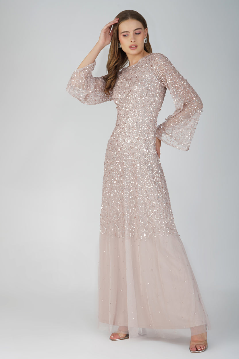 Diane Long Sleeve Embellished Maxi Dress in Mink – Lace & Beads