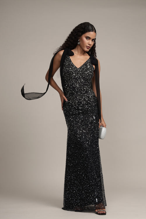 embellished black maxi dress tie-sleeves