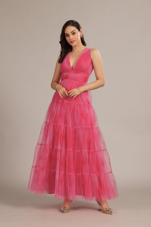 Bridesmaid wedding tulle a-line plunging sleeveless bright pink print maxi dress