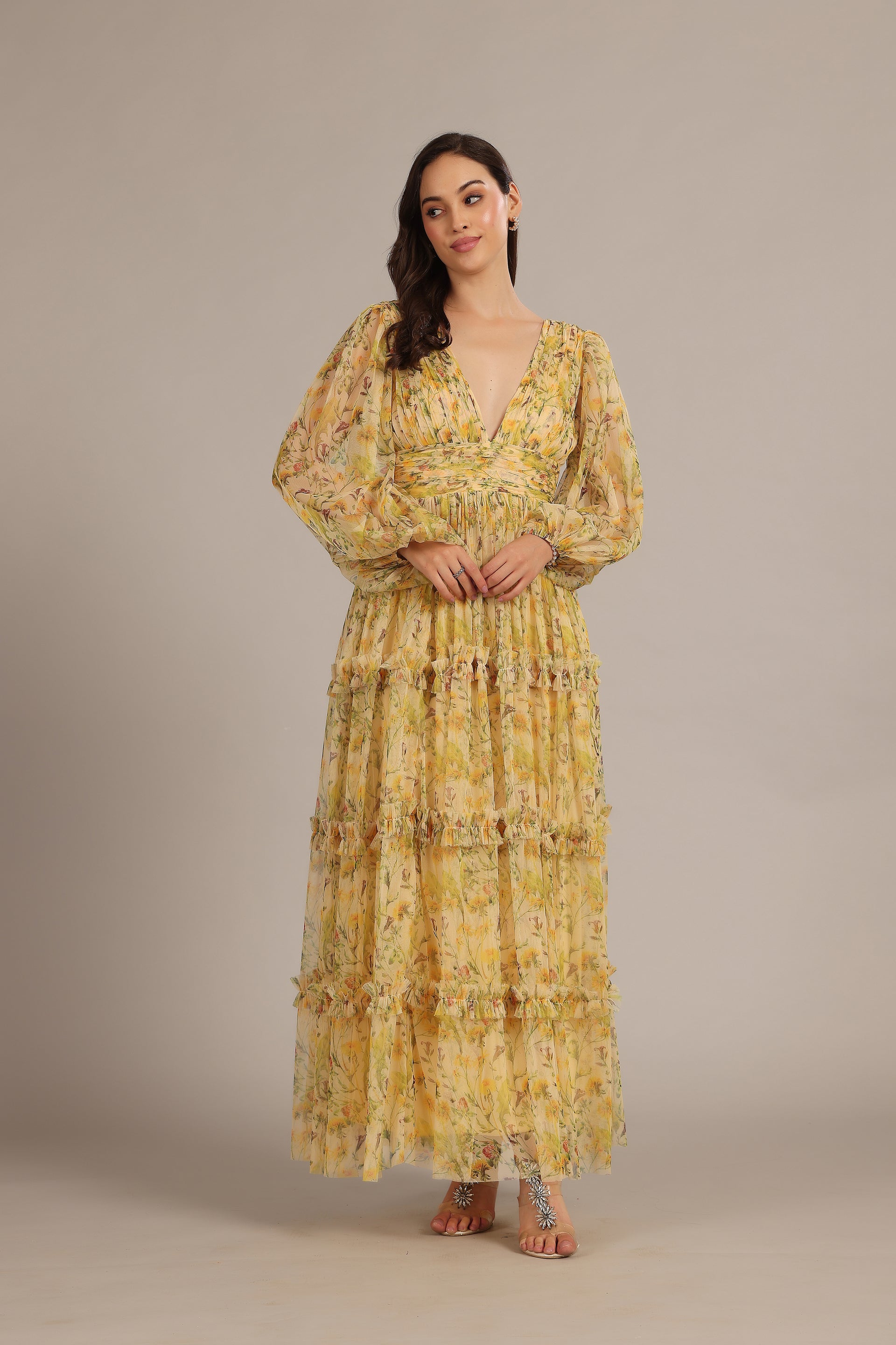 Yellow Floral Pring Bridesmaid Wedding Guest Formal Garden Party Long Sleeve Soft Tulle Plunging Maxi