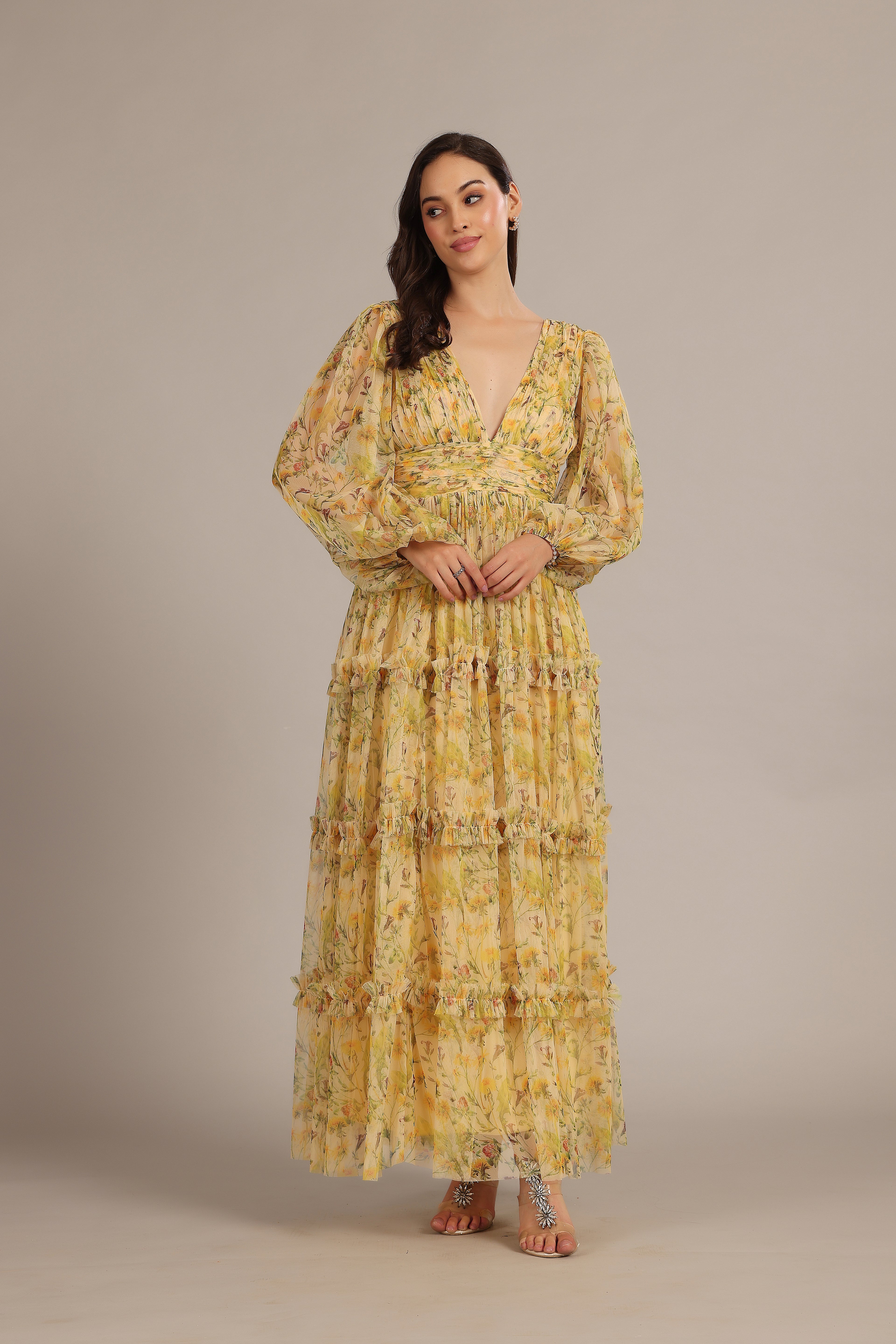 Yellow Floral Pring Bridesmaid Wedding Guest Formal Garden Party Long Sleeve Soft Tulle Plunging Maxi