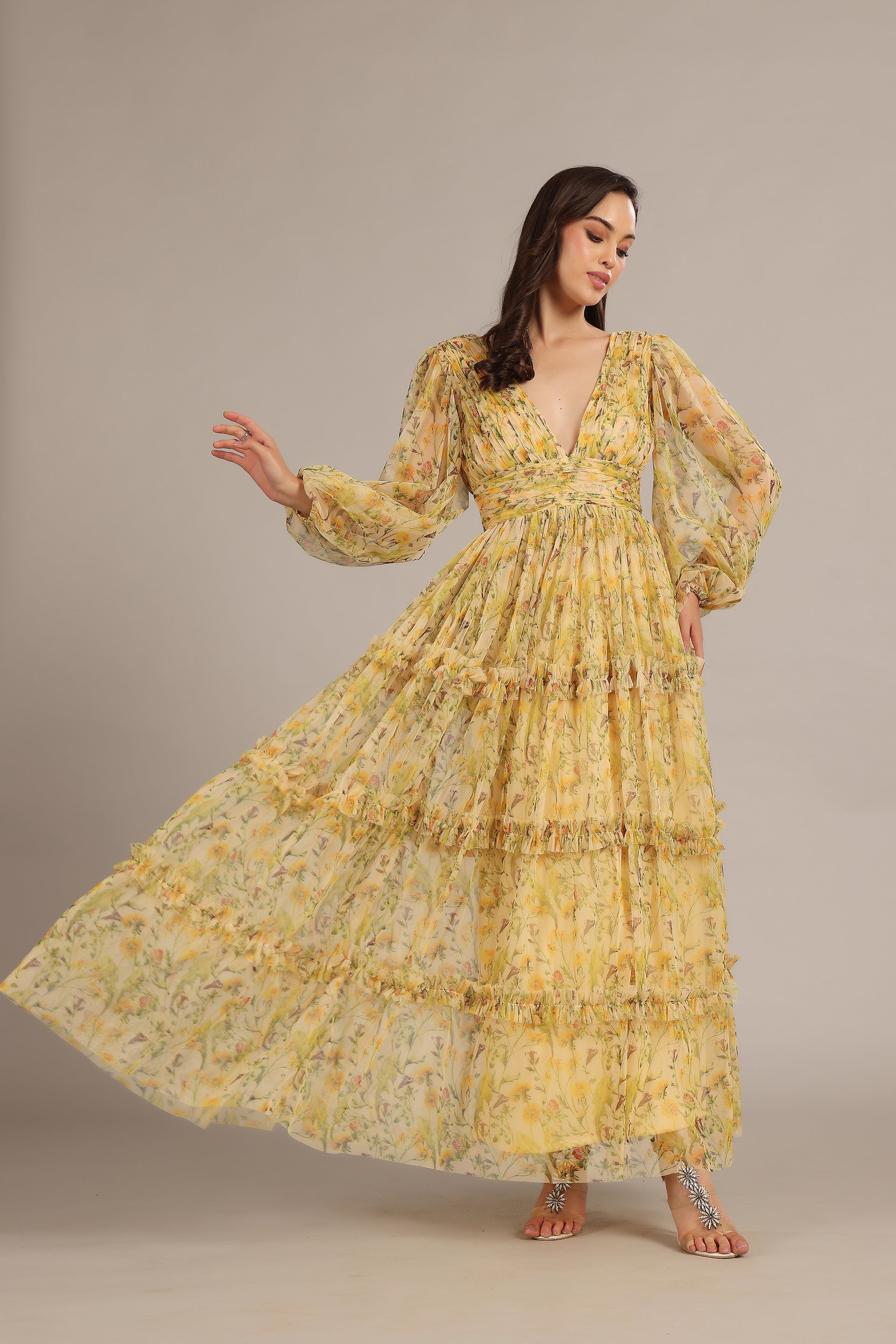 Lydia Tulle Maxi Dress in Yellow Floral