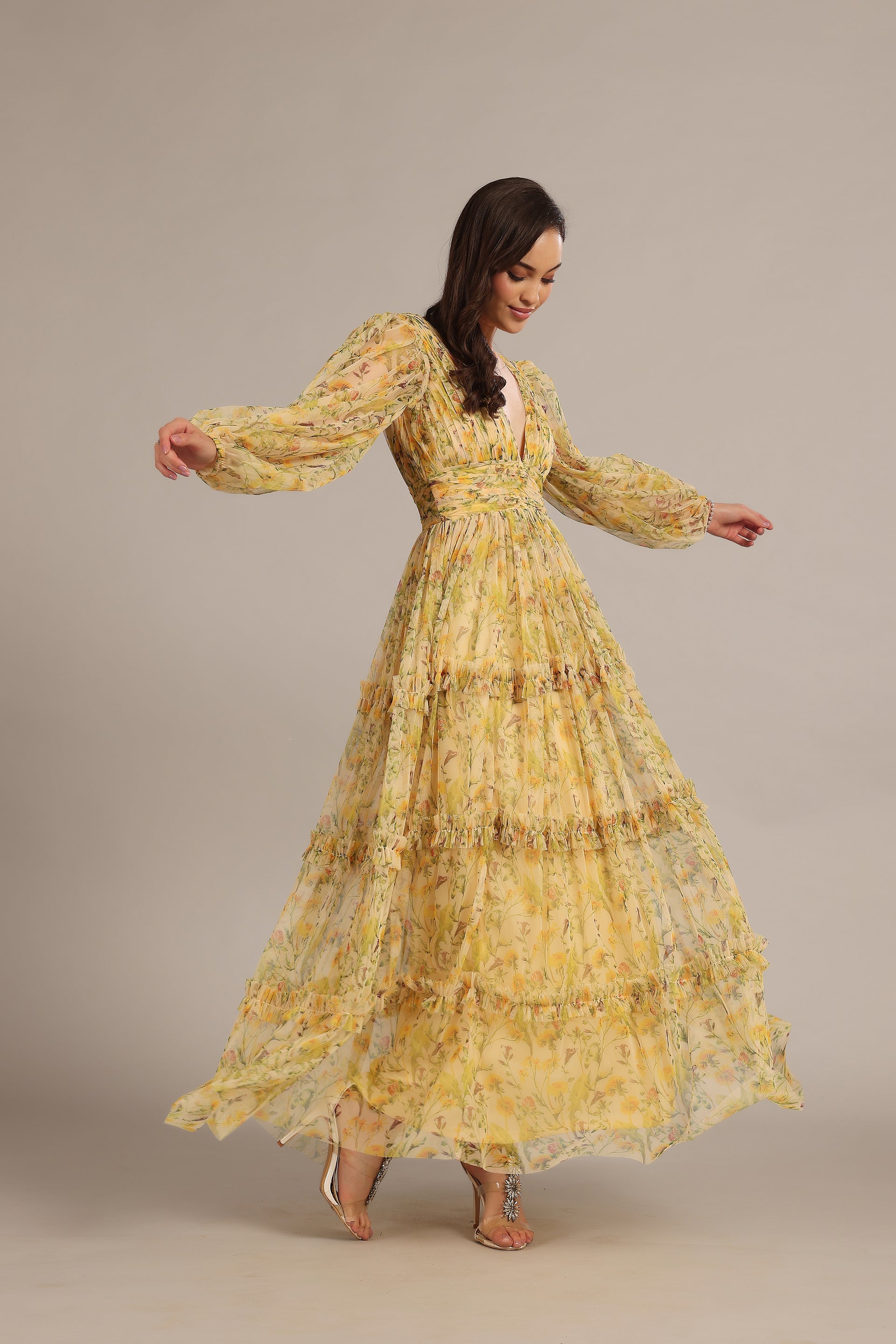 Lydia Tulle Maxi Dress in Yellow Floral
