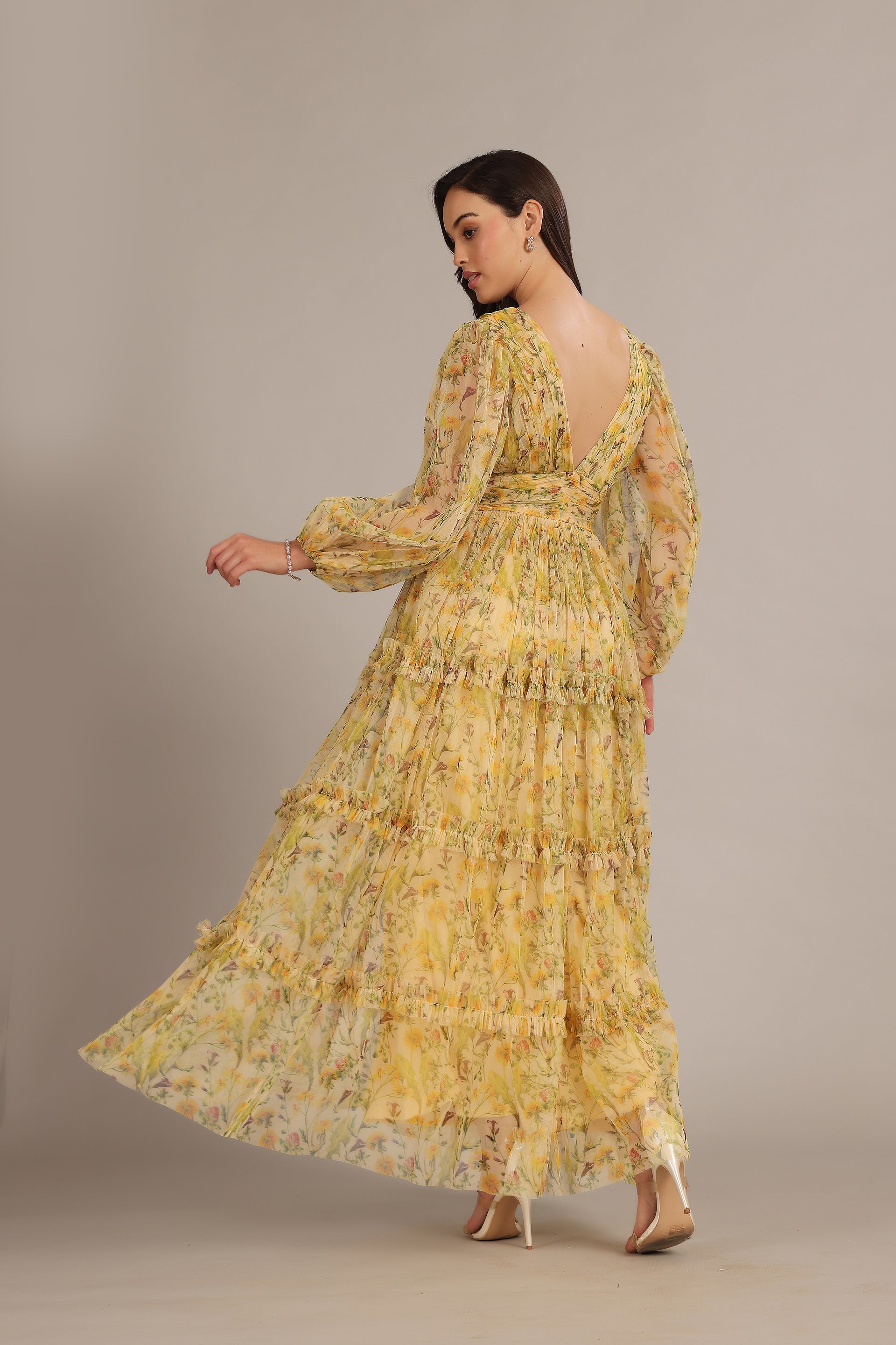 Lydia Tulle Maxi Dress in Yellow Floral