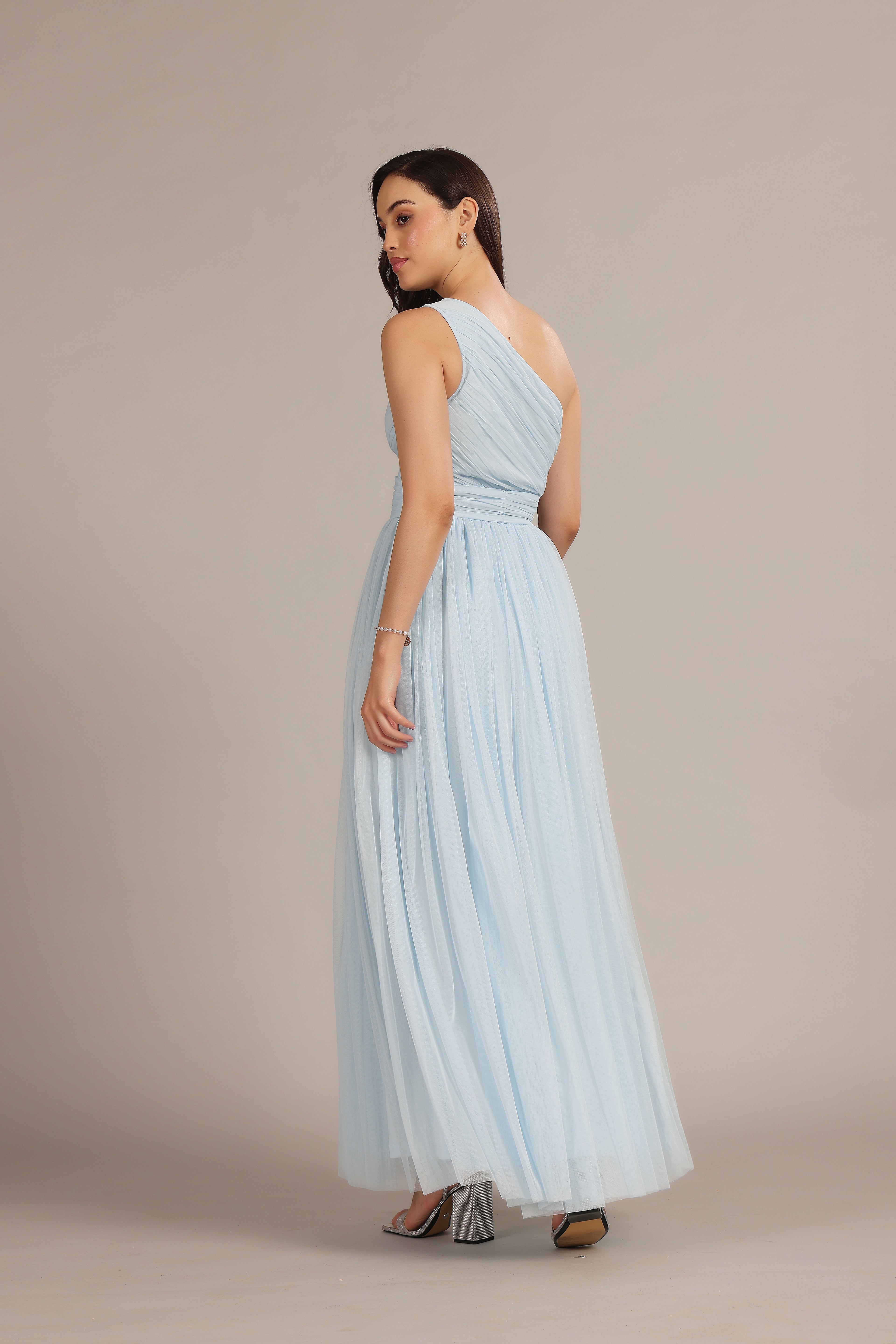 One Shoulder Tulle Maxi Dress in Powder Blue Lace & Beads One Shoulder Tulle Maxi Dress in Powder Blue Lace & Beads