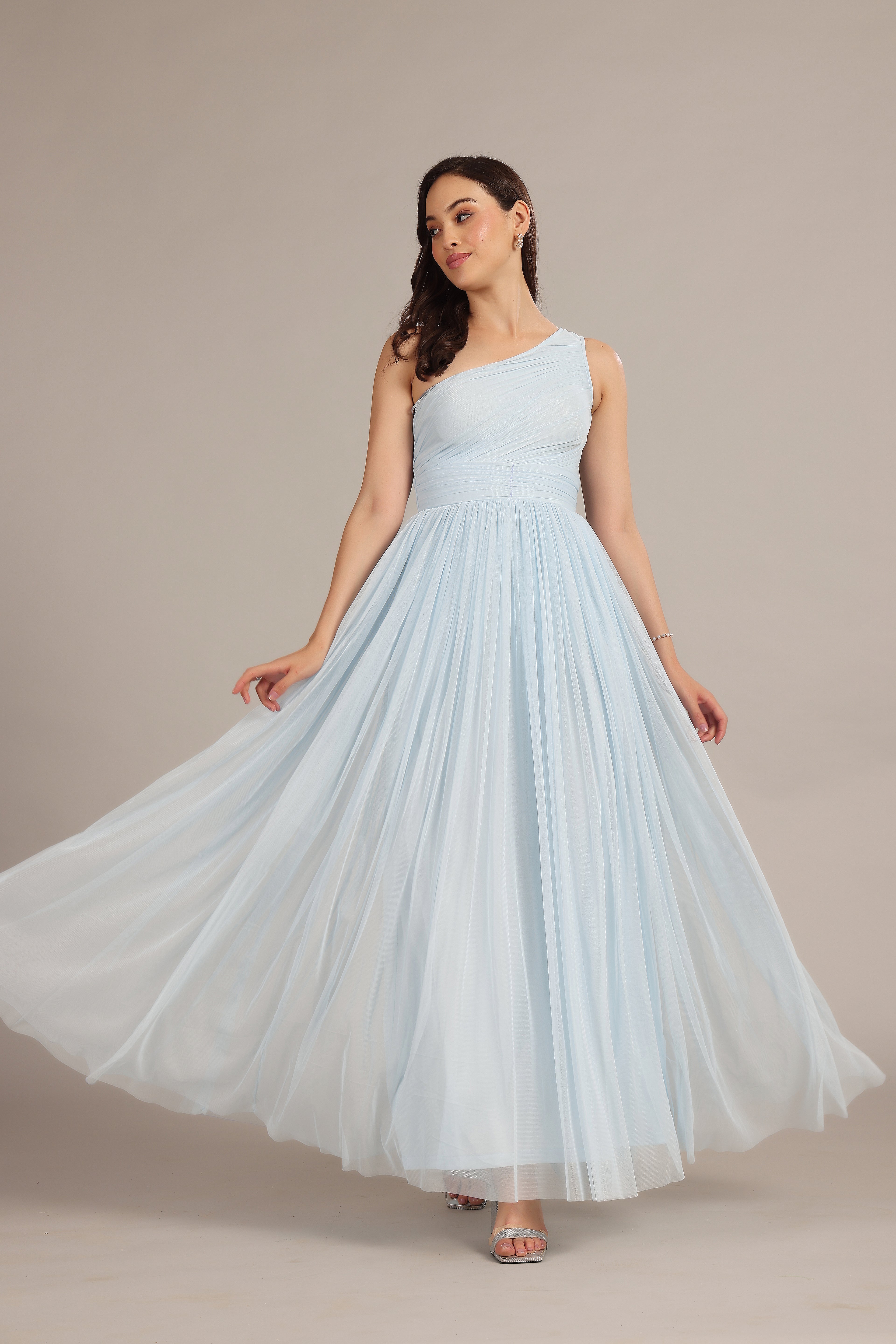 One Shoulder Tulle Maxi Dress in Powder Blue Lace & Beads One Shoulder Tulle Maxi Dress in Powder Blue Lace & Beads
