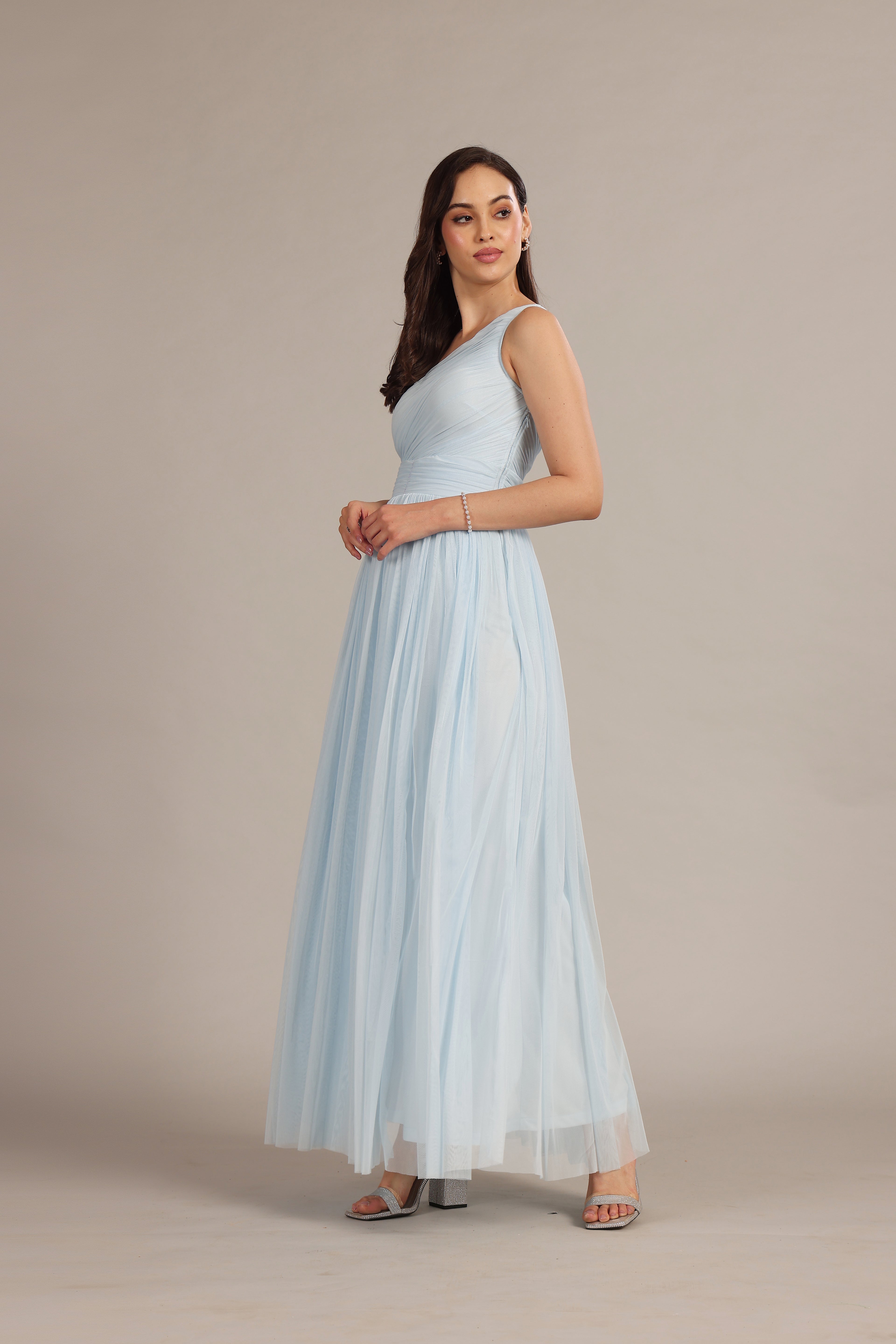 One Shoulder Tulle Maxi Dress in Powder Blue