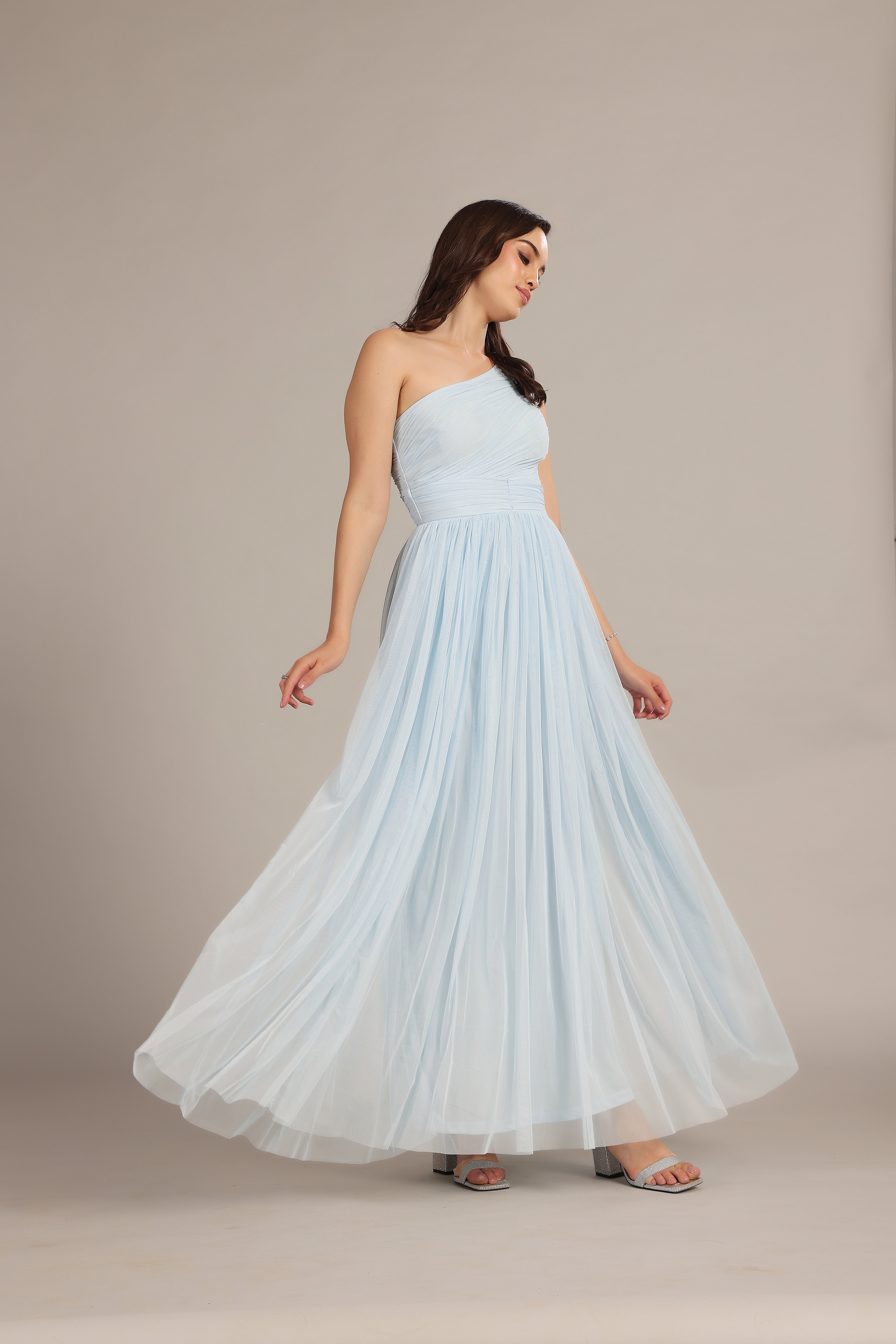 One Shoulder Tulle Maxi Dress in Powder Blue