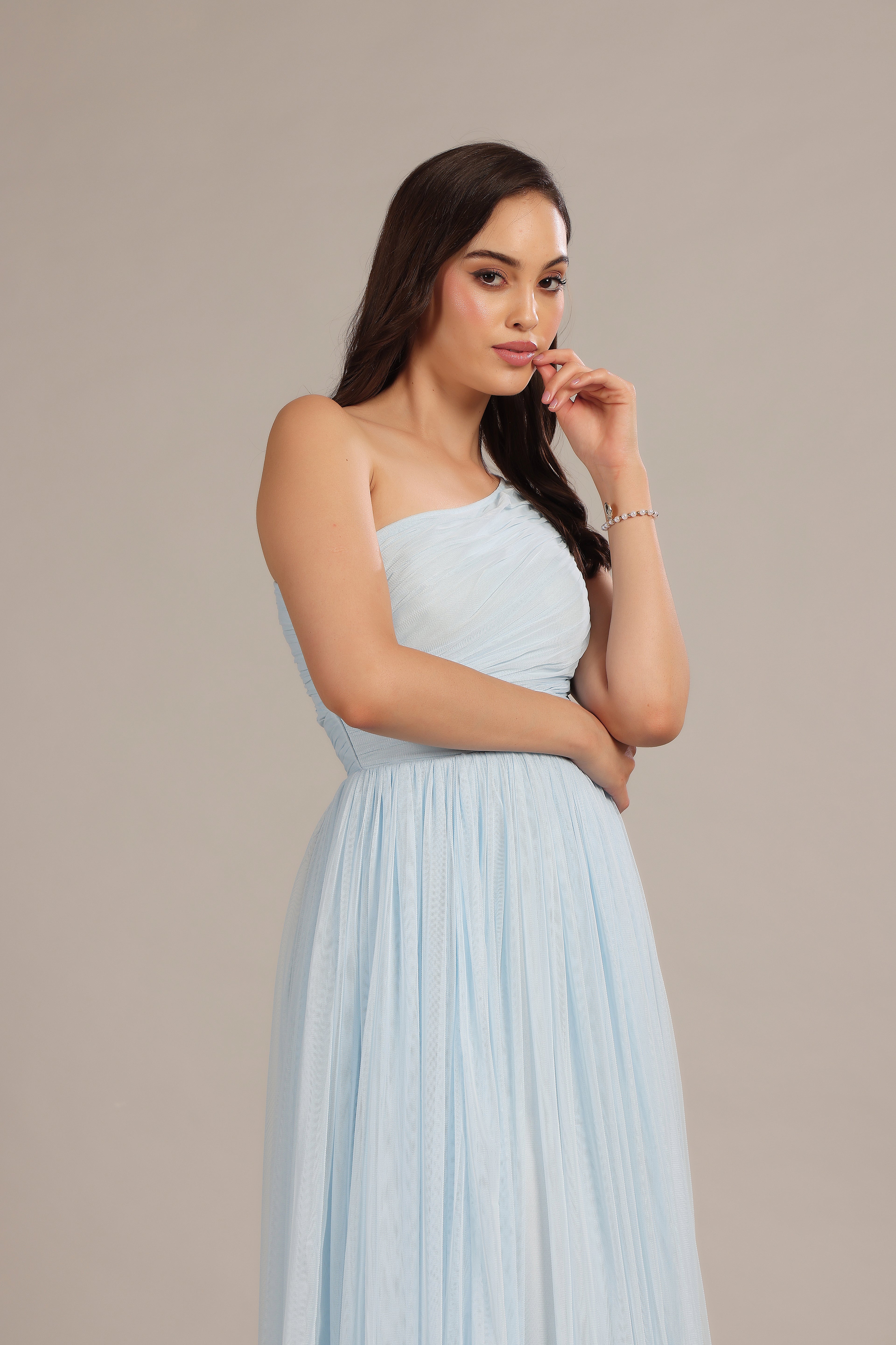 One Shoulder Tulle Maxi Dress in Powder Blue
