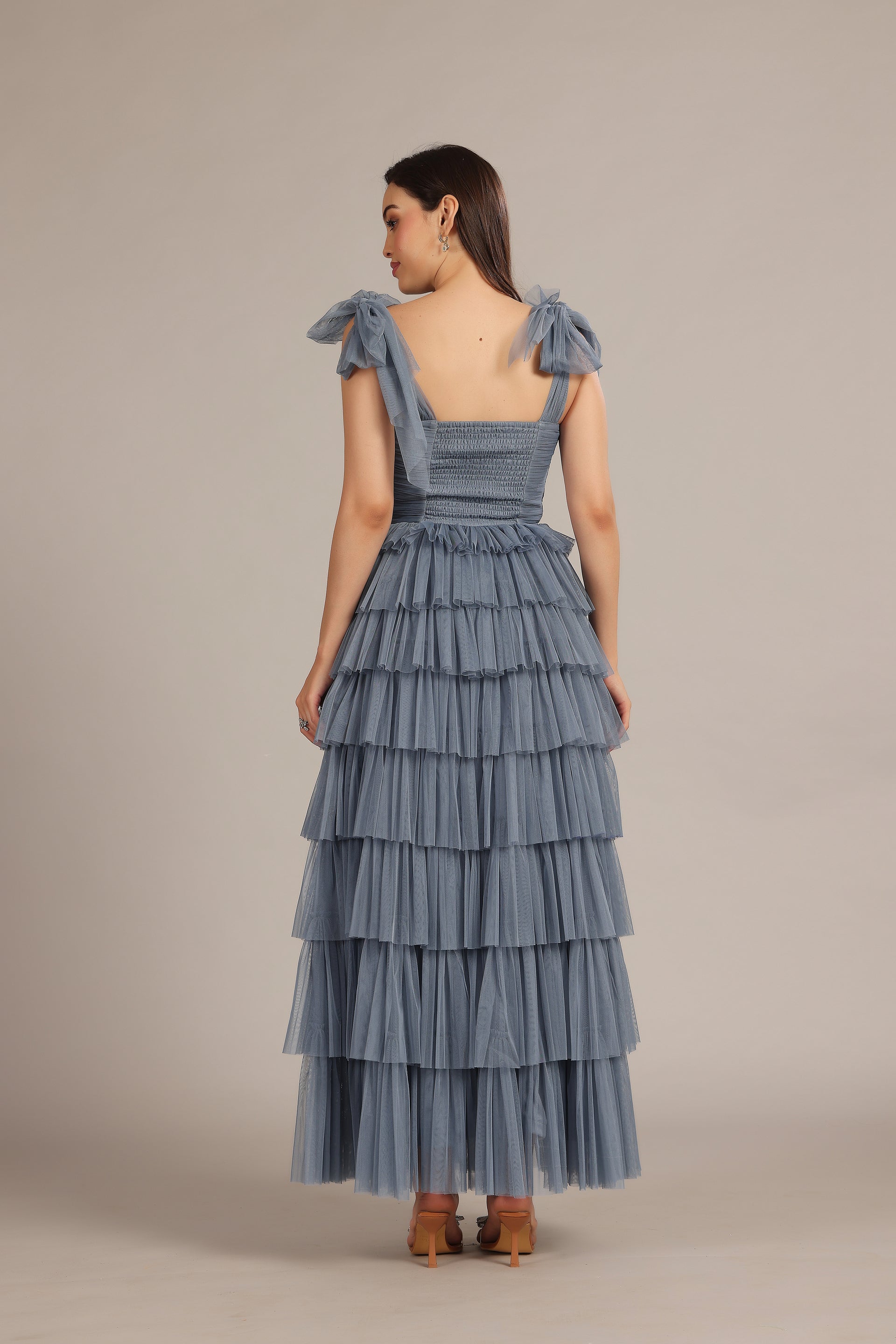 Ophelia Tulle Maxi Dress with Tie Detail in Dusty Blue