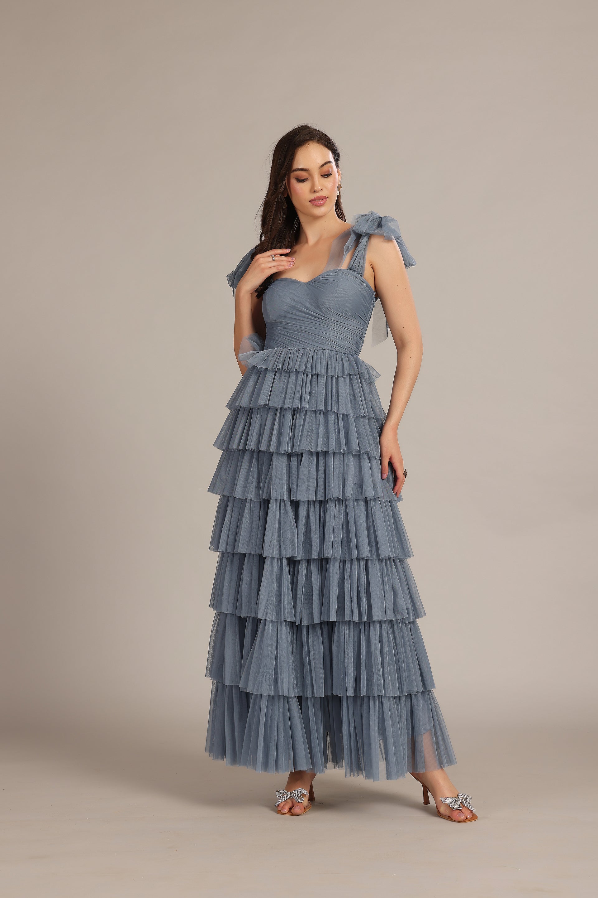 Ophelia Tulle Maxi Dress with Tie Detail in Dusty Blue
