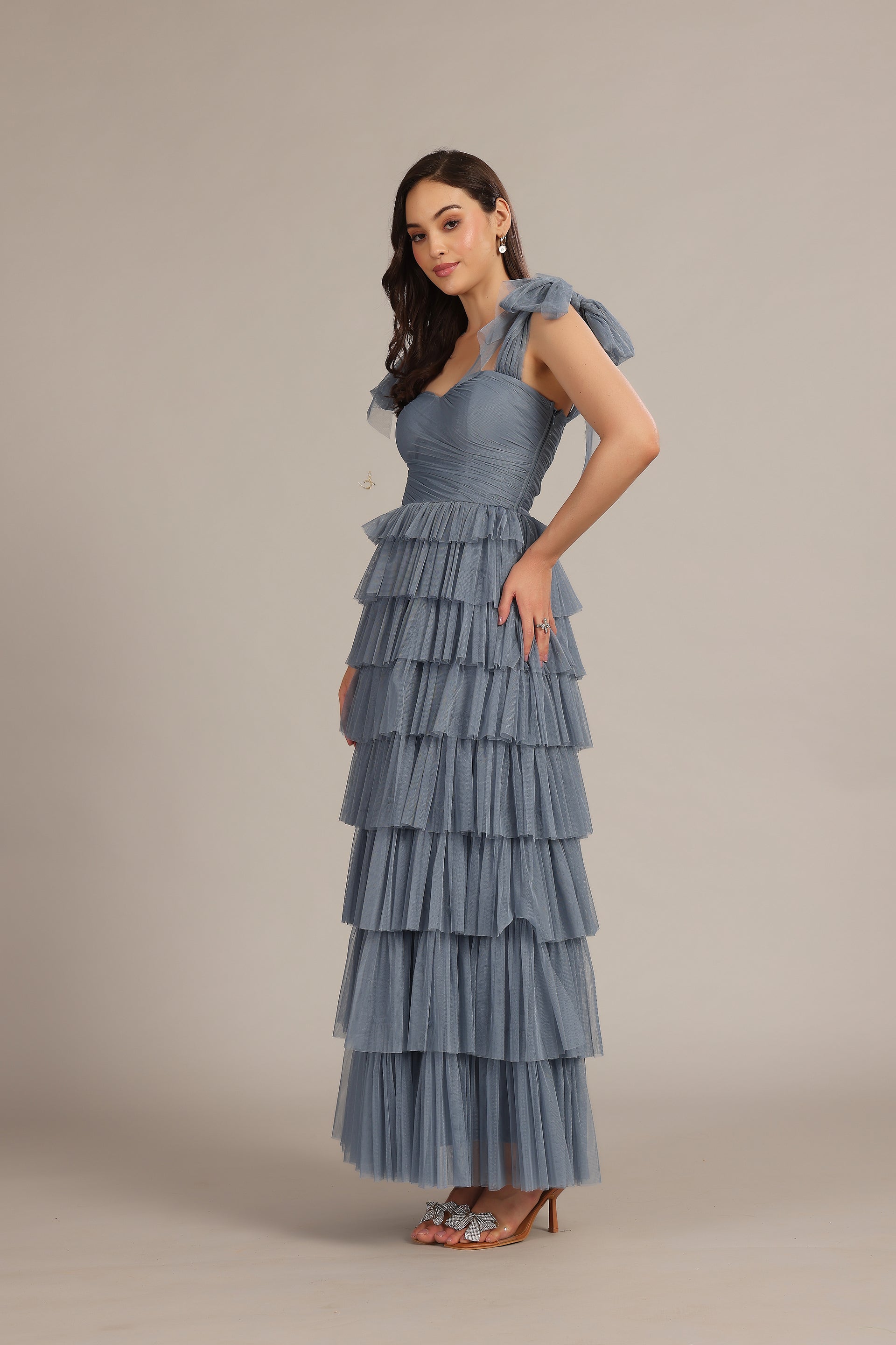 Ophelia Tulle Maxi Dress with Tie Detail in Dusty Blue