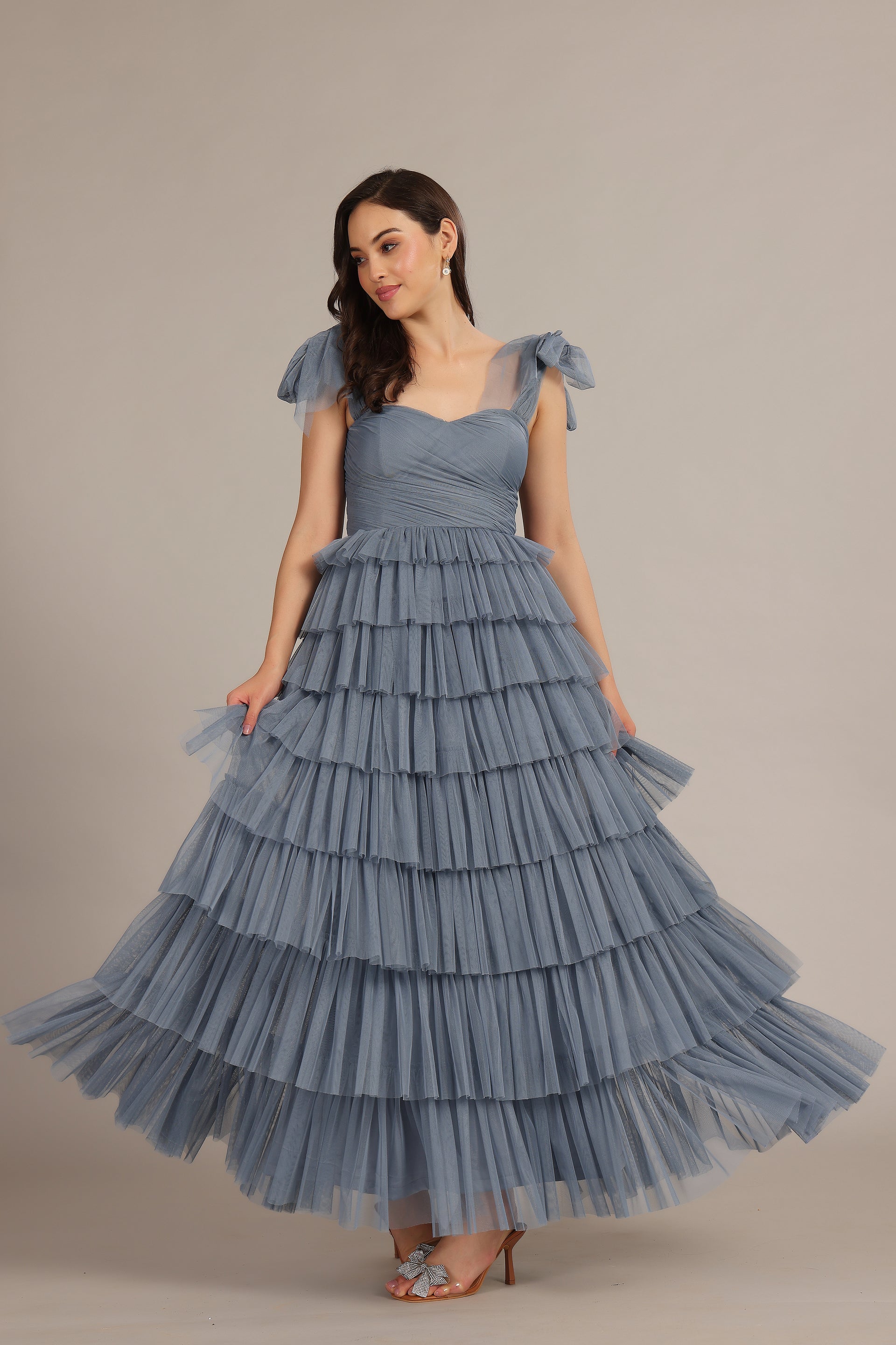 Wedding Guest Bridesmaid Tiered Tulle Maxi Dress Dusty Blue