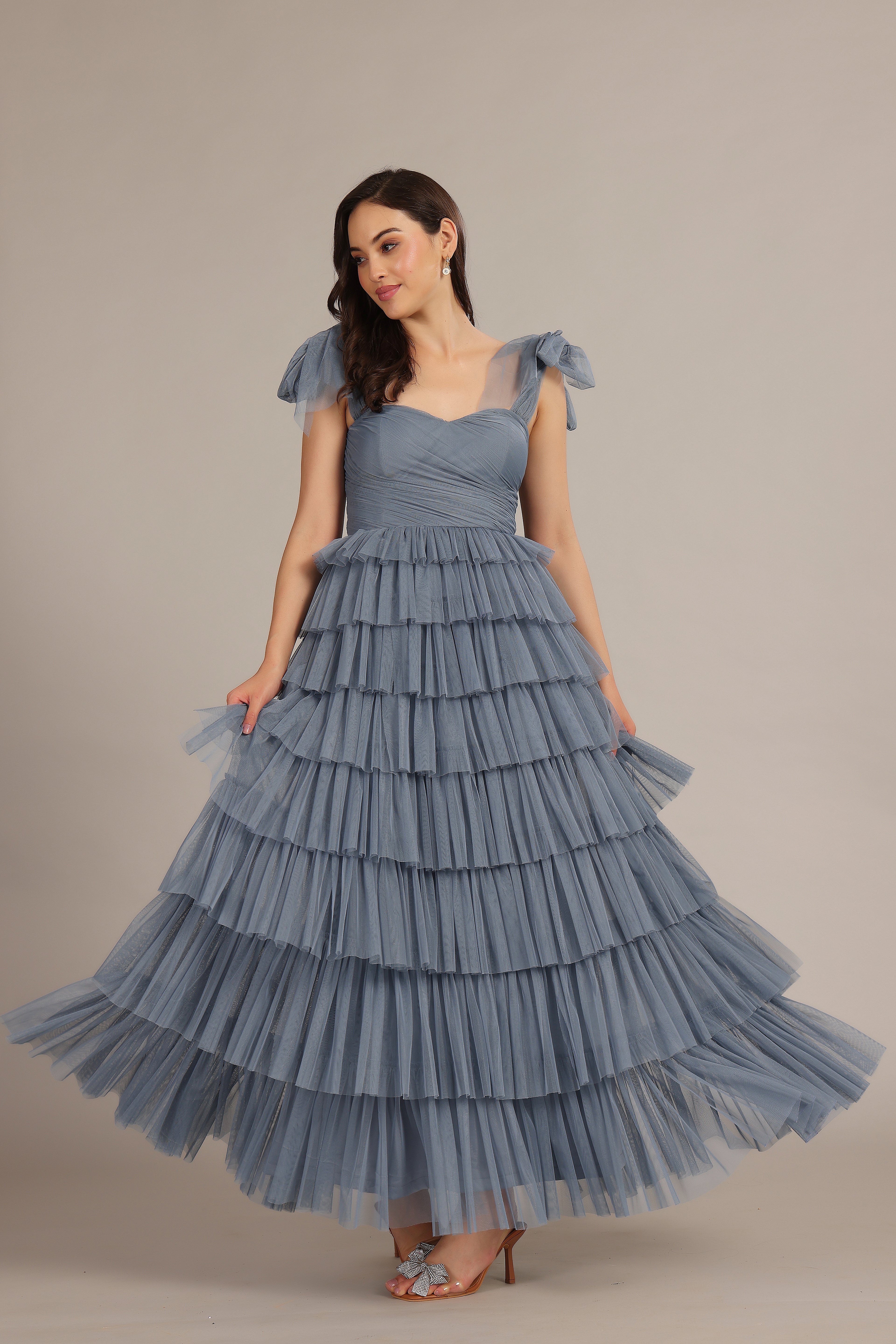 Wedding Guest Bridesmaid Tiered Tulle Maxi Dress Dusty Blue